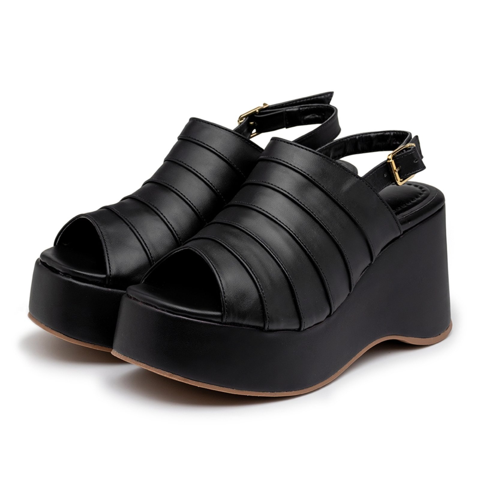 Imagem principal Sandália Anabela Feminina Salto Plataforma em Napa Preta 9200 Flor da Pele preto