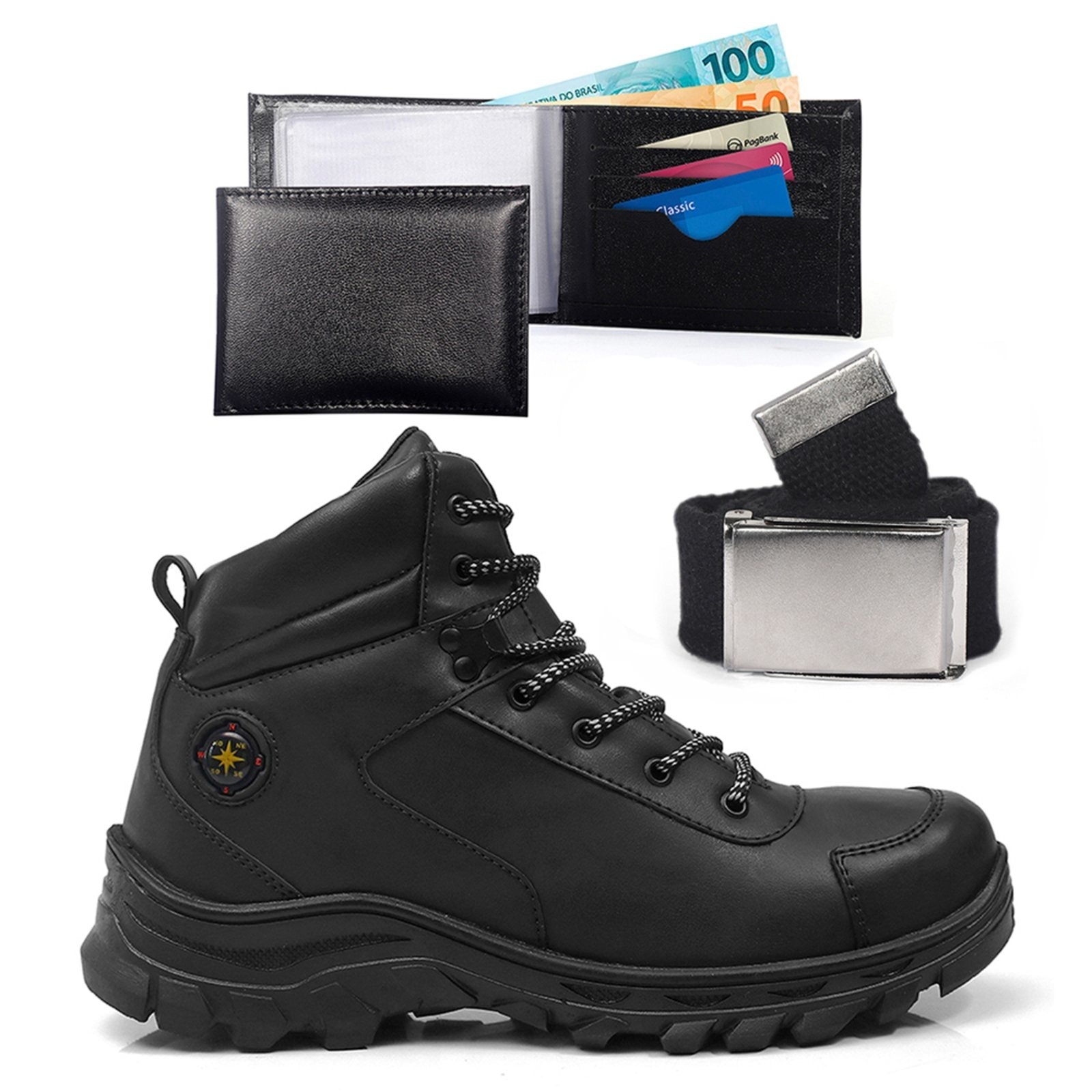 Imagem principal Tenis Trilha Masculino Com Carteira E Cinto Solado Antiderrapante Bota Adventure Resistente Confortavel BREDENI preto