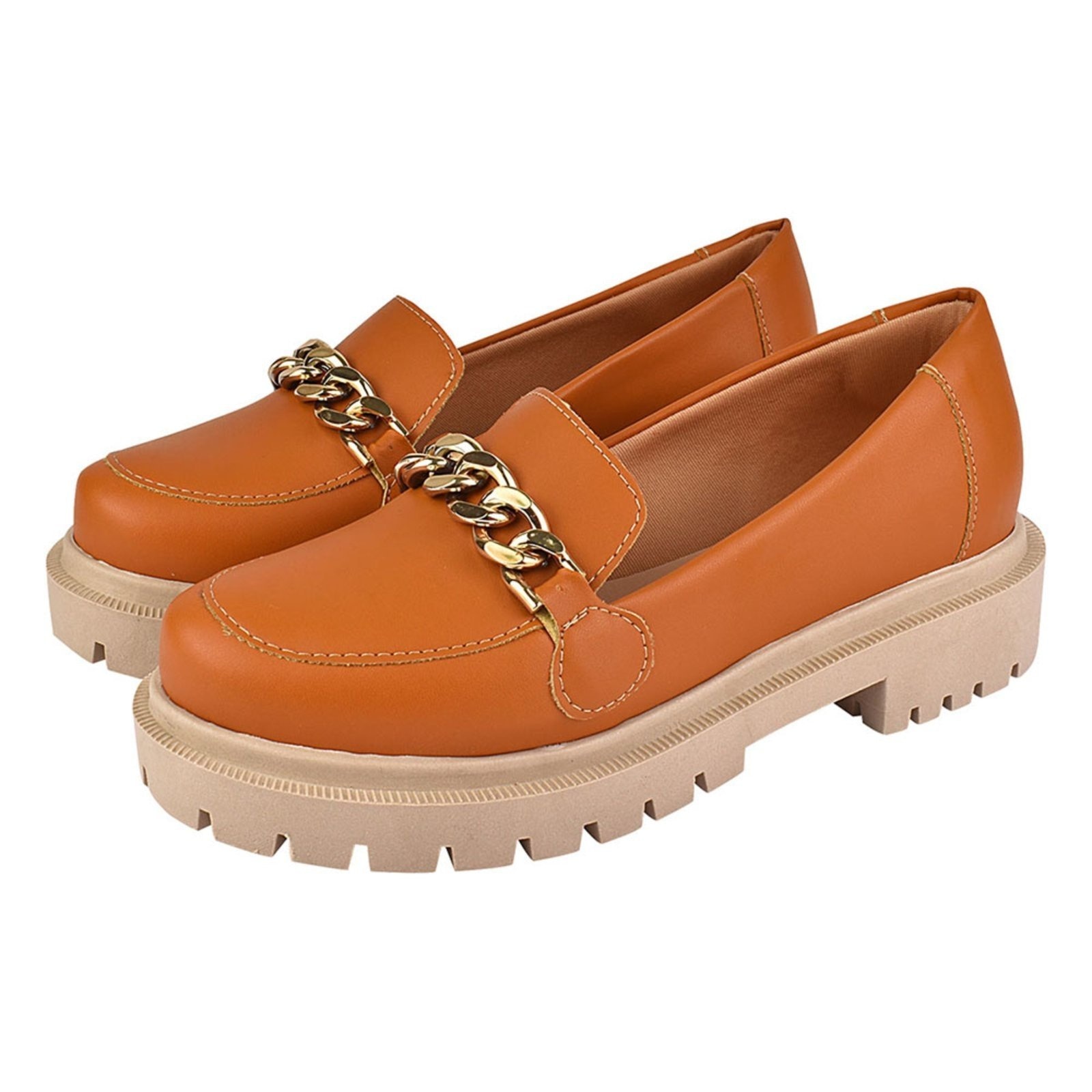 Imagem principal Sapato Feminino Mocassim Tratorado Donatella Shoes Bico Redondo Confort com corrente Donatella Shoes caramelo