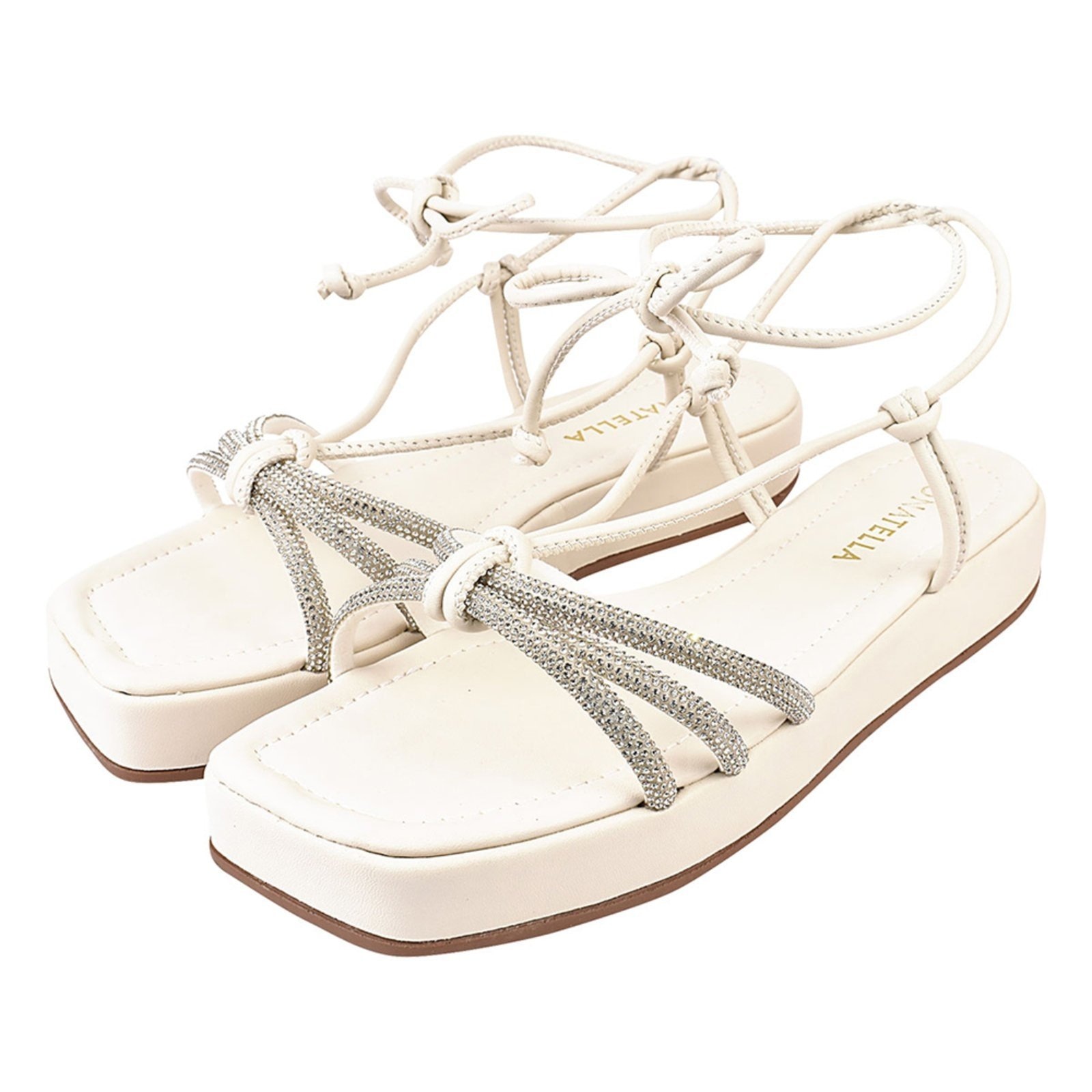 Imagem principal Sandalia Feminina Anabela Plataforma Donatella Shoes Brilho Strass Amarrar Salto Reto Monte Shoes branco