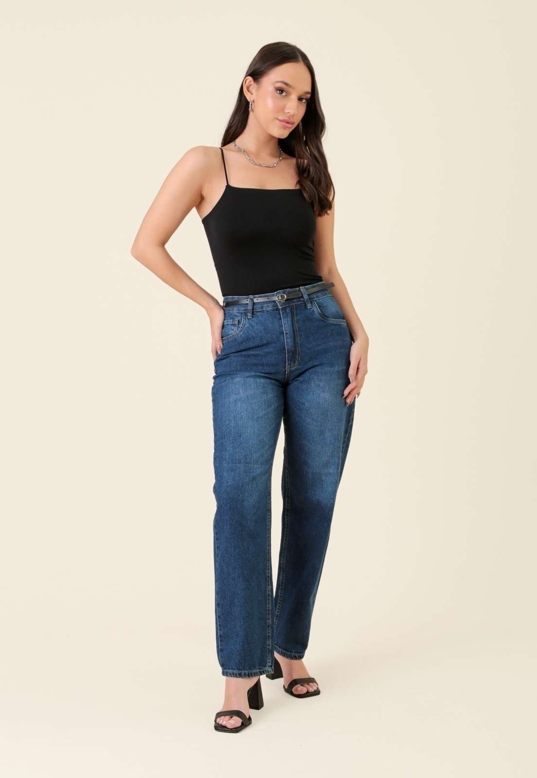 Imagem principal Calça Pop Me Mom Jeans Com Cinto Escuro Pop Me azul