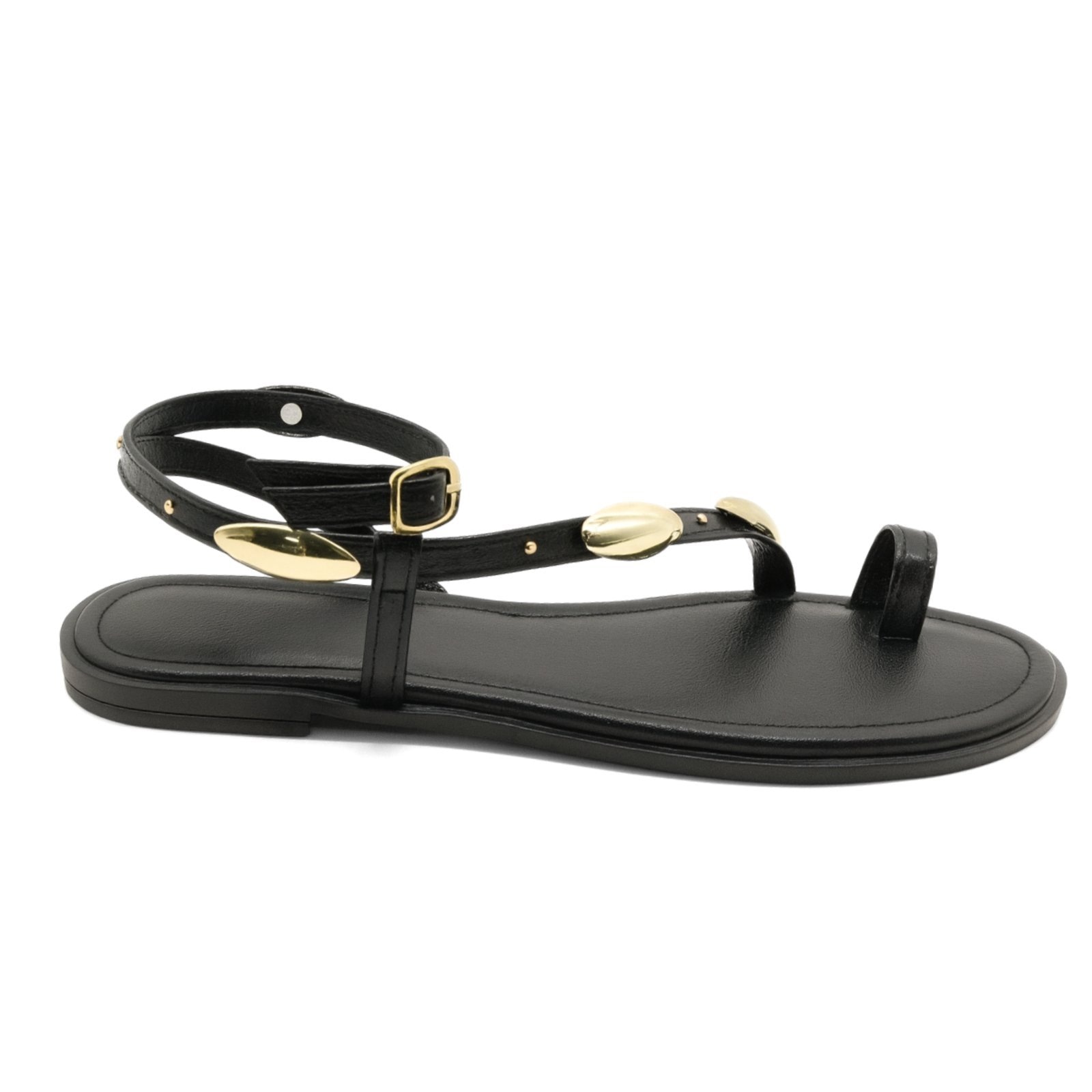 Imagem principal Rasteira Feminina Baixa Tiras Delicadas Detalhes Dourados Flor da Pele 309 Preta Flor da Pele preto