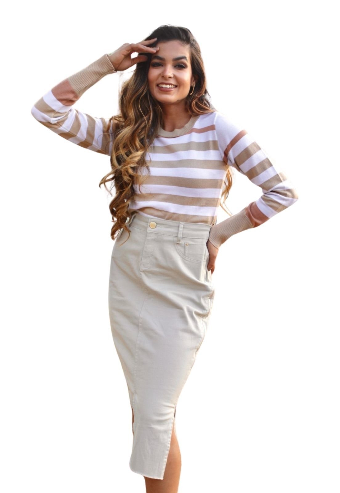 Imagem principal Saia Midi Jeans Cintura Alta Detalhe Lateral Tubinho Creme Cia do Vestido bege