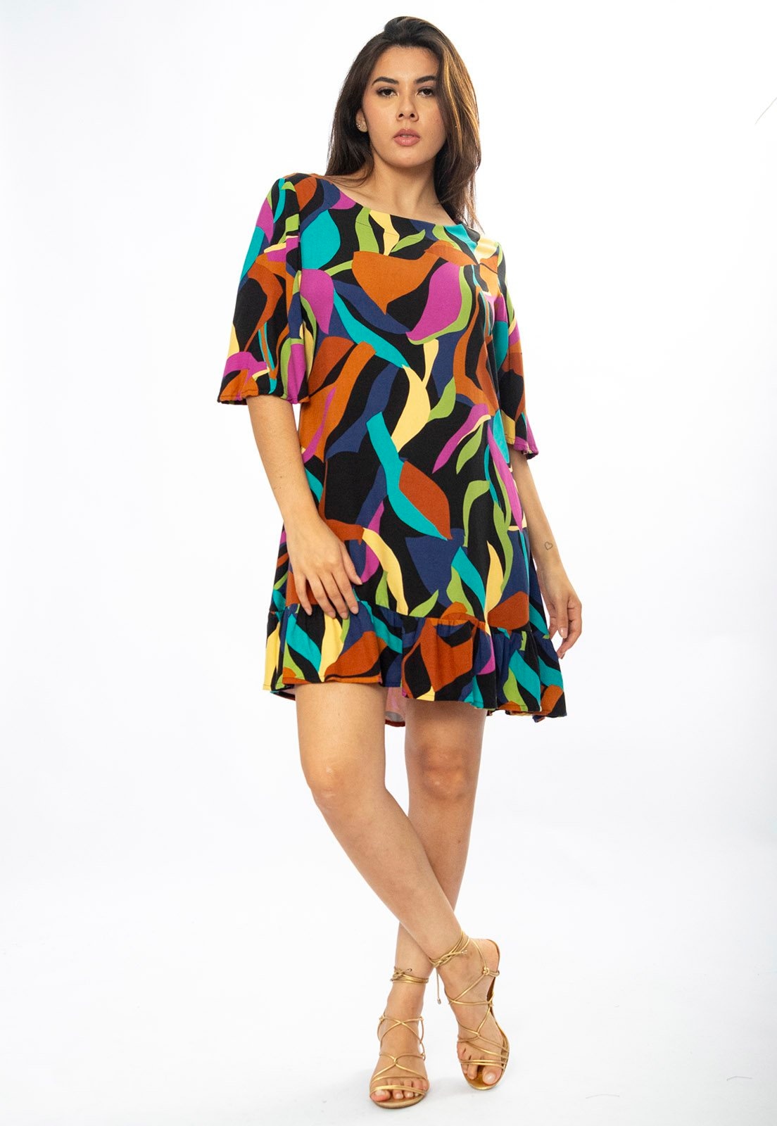 Imagem principal Vestido Curto Viscose Estampa Aurora Urbana Cabanafree azul/estampado/marrom/roxo