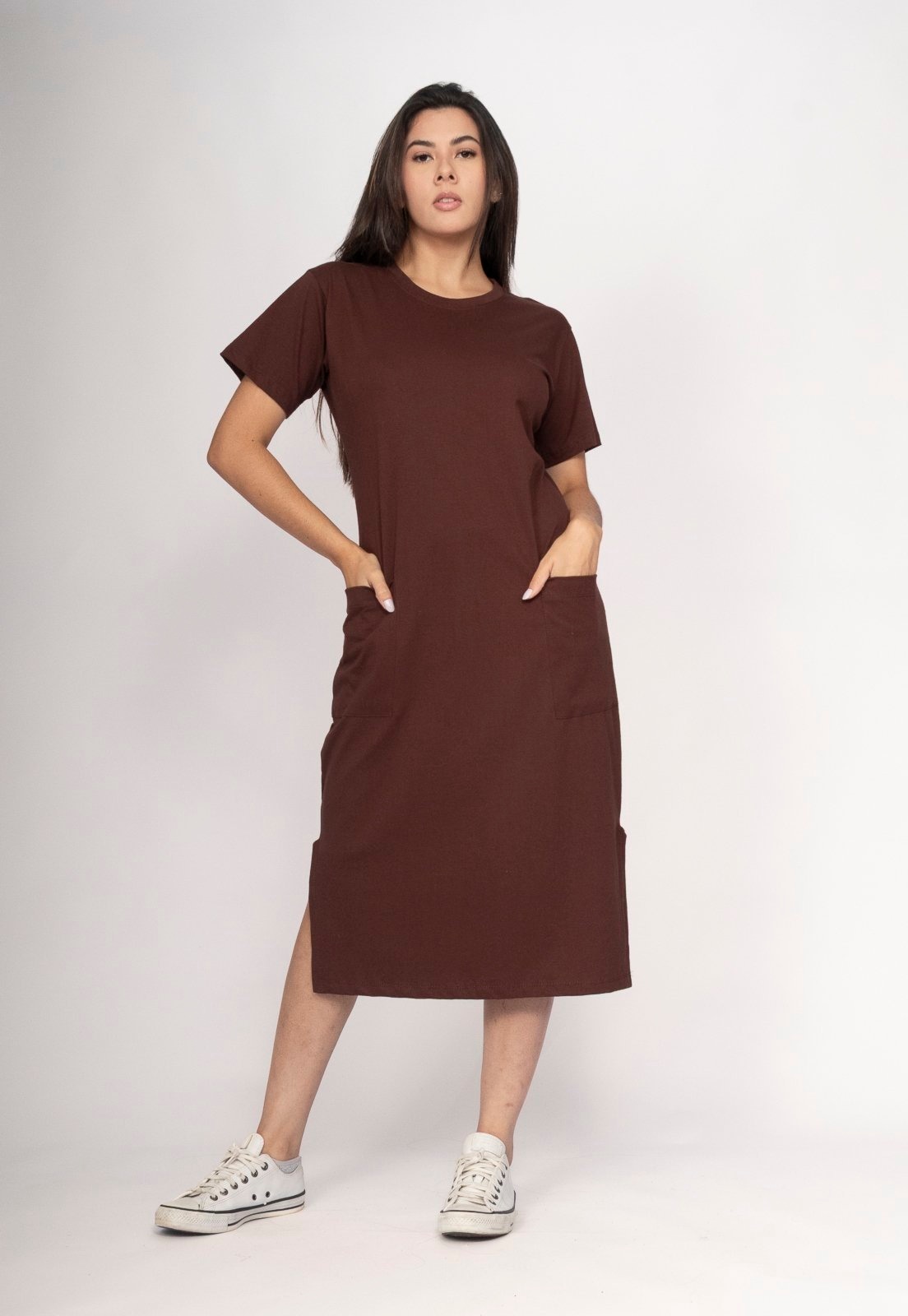 Imagem principal Vestido CabanaFree Midi Algodão Manga Curta 02 Bolsos Cacau Nativo Cabanafree marrom