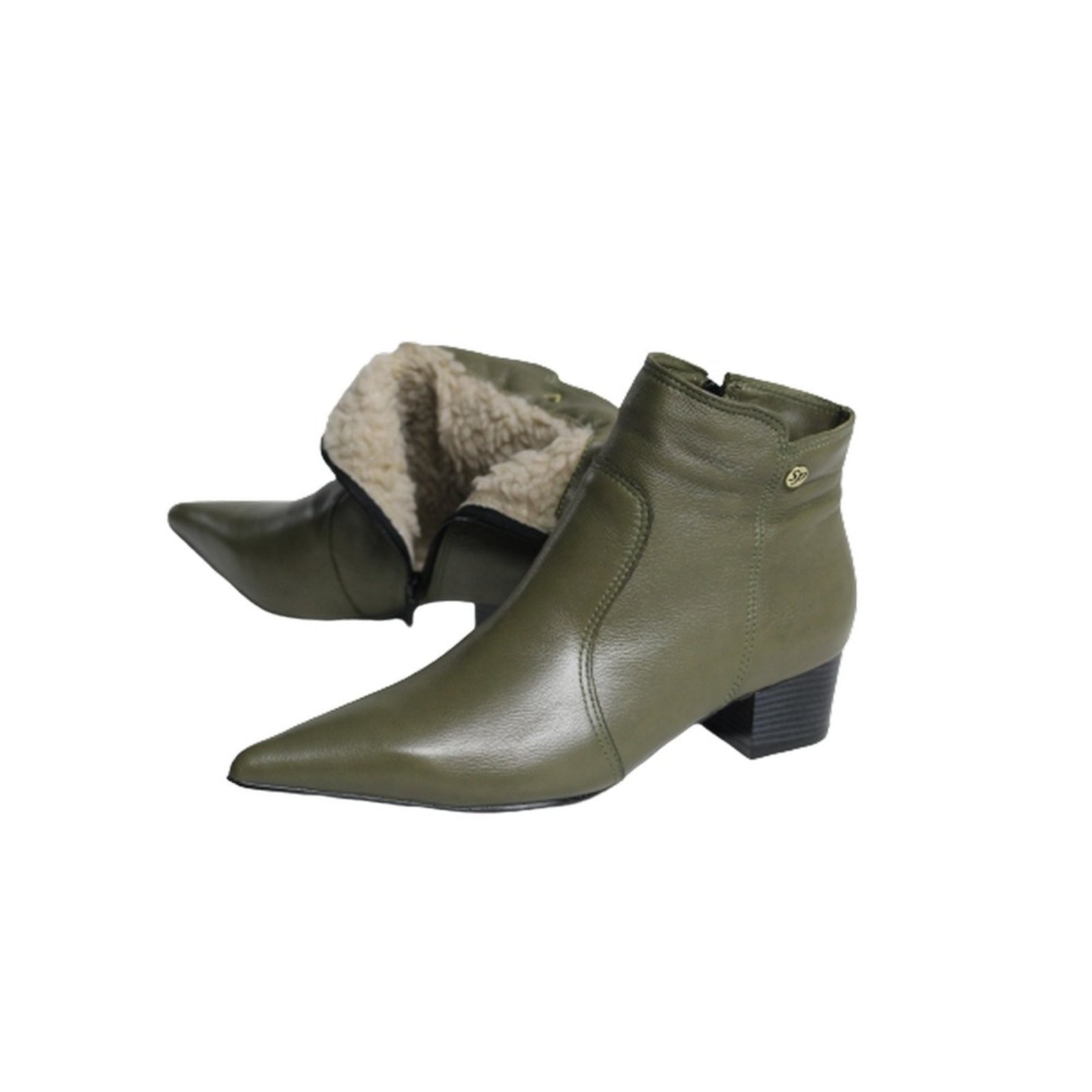 Imagem principal Bota Feminina em Lã Sintética Bico Fino Cano Curto Couro Salto 4 CM Verde Spinelli verde militar