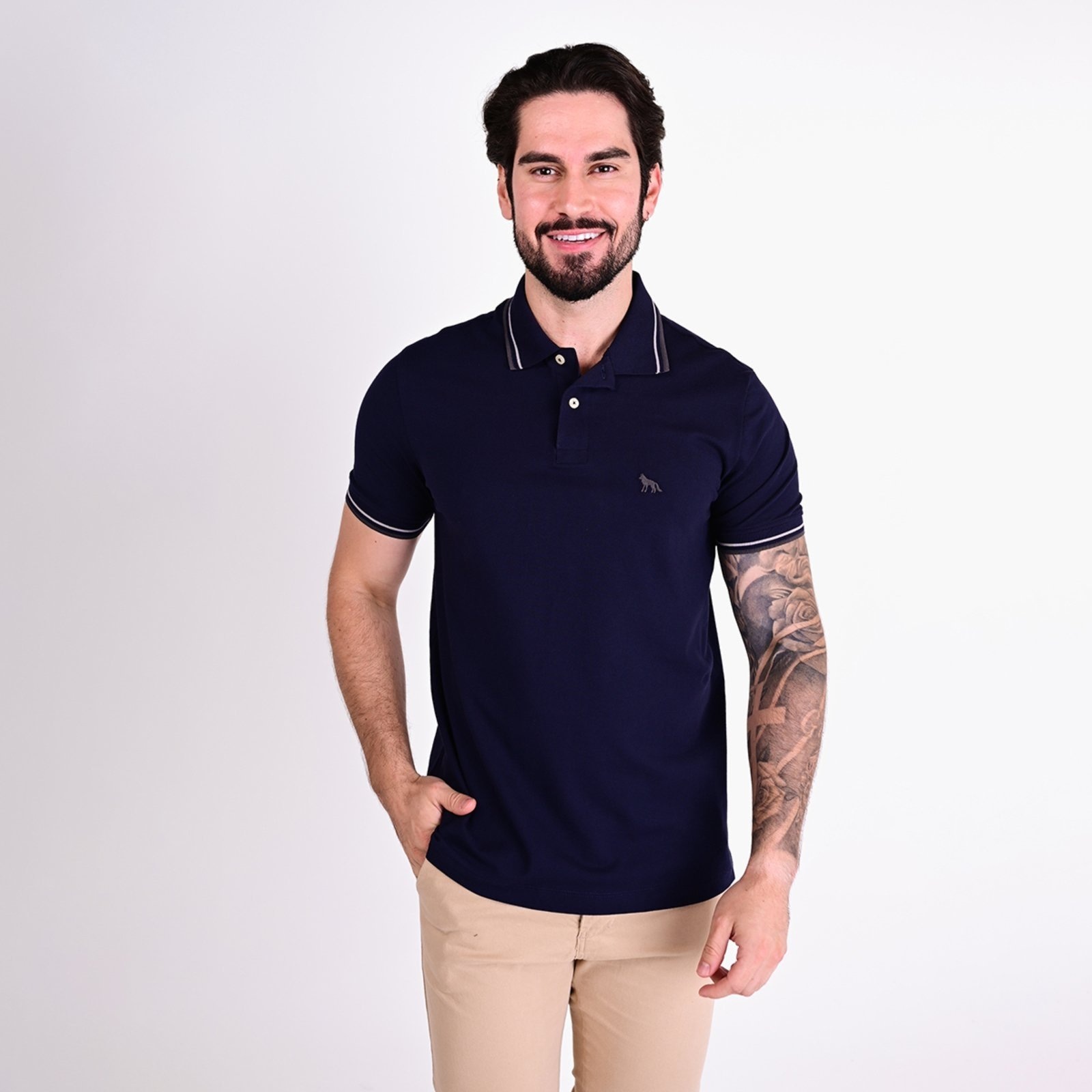 Imagem principal Camisa Polo Acostamento Piquet Frisos Marinho Acostamento azul marinho