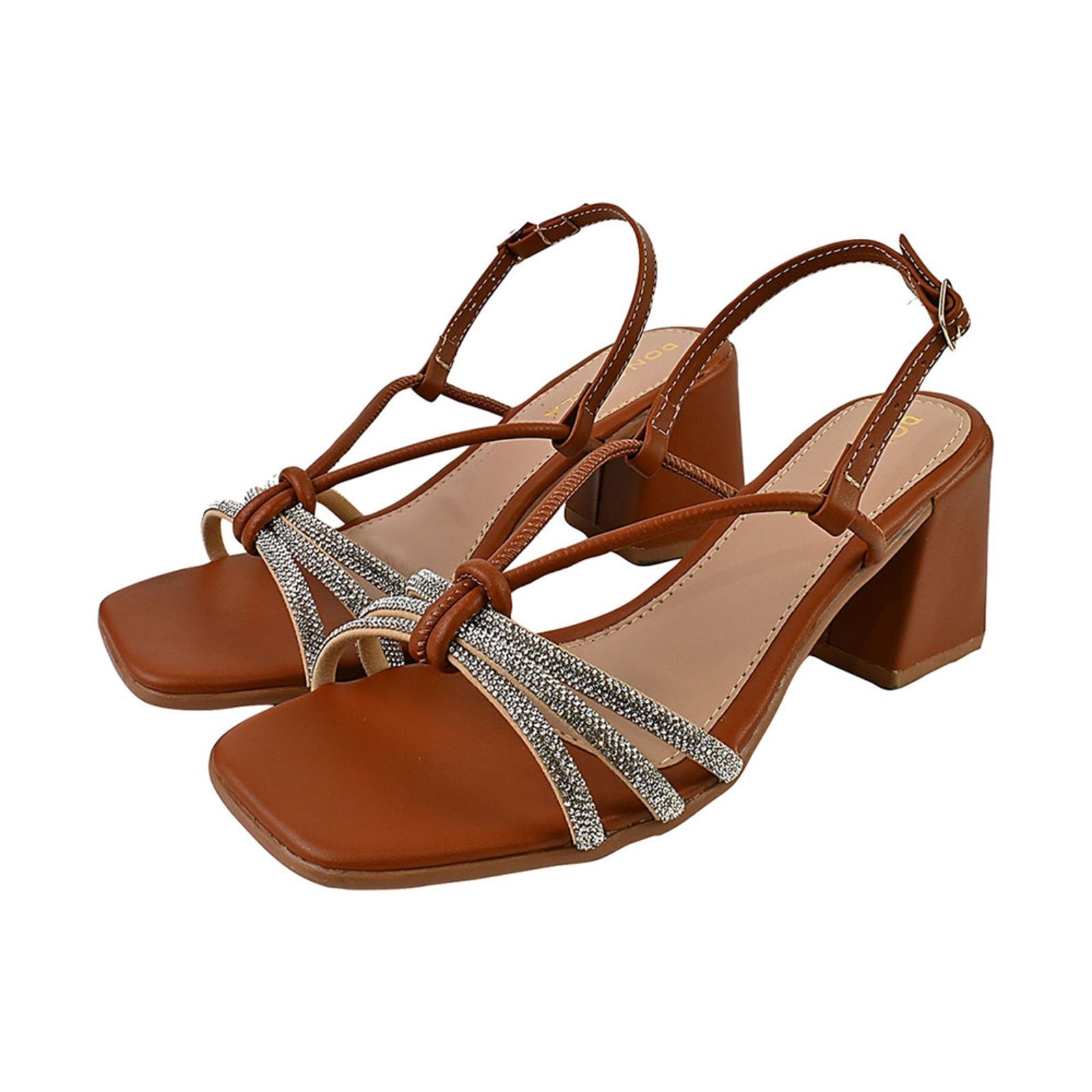 Imagem principal Sandália Feminina Salto Alto Donatella Shoes Bico Quadrado Casual Santorine Brilho Strass Monte Shoes marrom