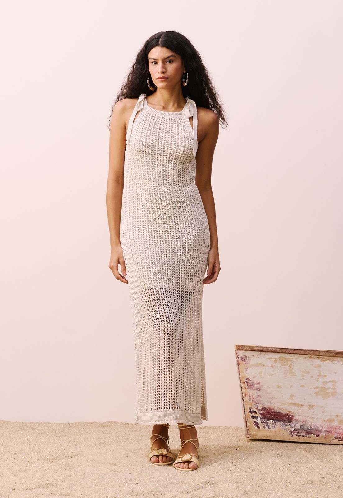 Imagem principal Vesido Longo Laços Ombros Rendado Tricot CaCay branco