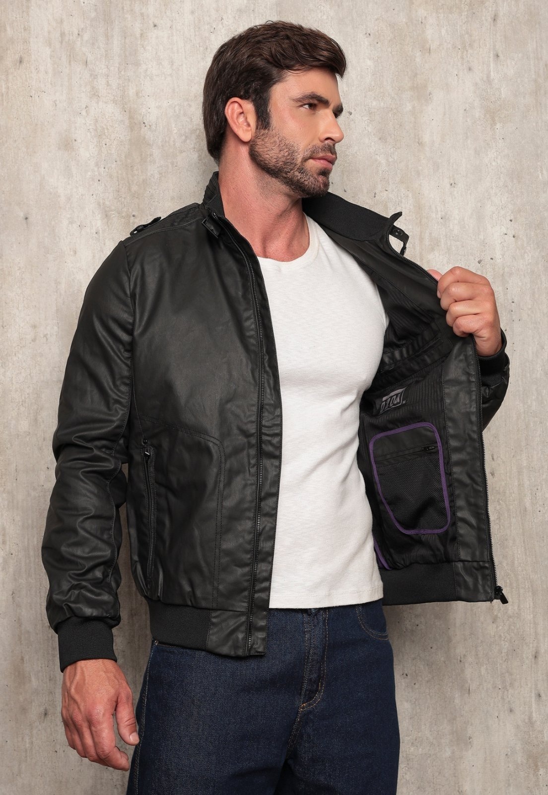 Imagem principal Jaqueta Motoqueiro de Couro Tex Jeans Com Forro Bolso Interno e Punho Ajustável TEX JEANS preto