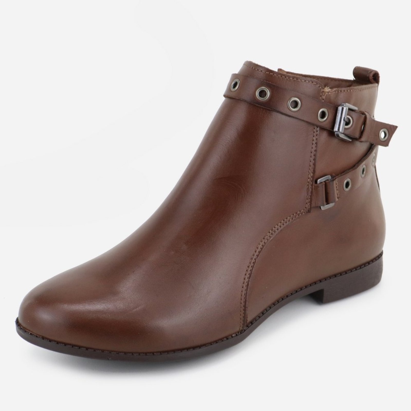 Imagem principal Bota em Couro Casual Salto Baixo Tiras em Fivelas Maria Paula Cano Curto Cacau MARIA PAULA café