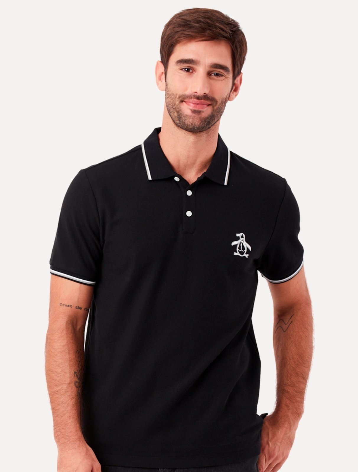 Imagem principal Polo Original Penguin Masculina Piquet Lisa Friso Mega Patch Preta Original Penguin preto