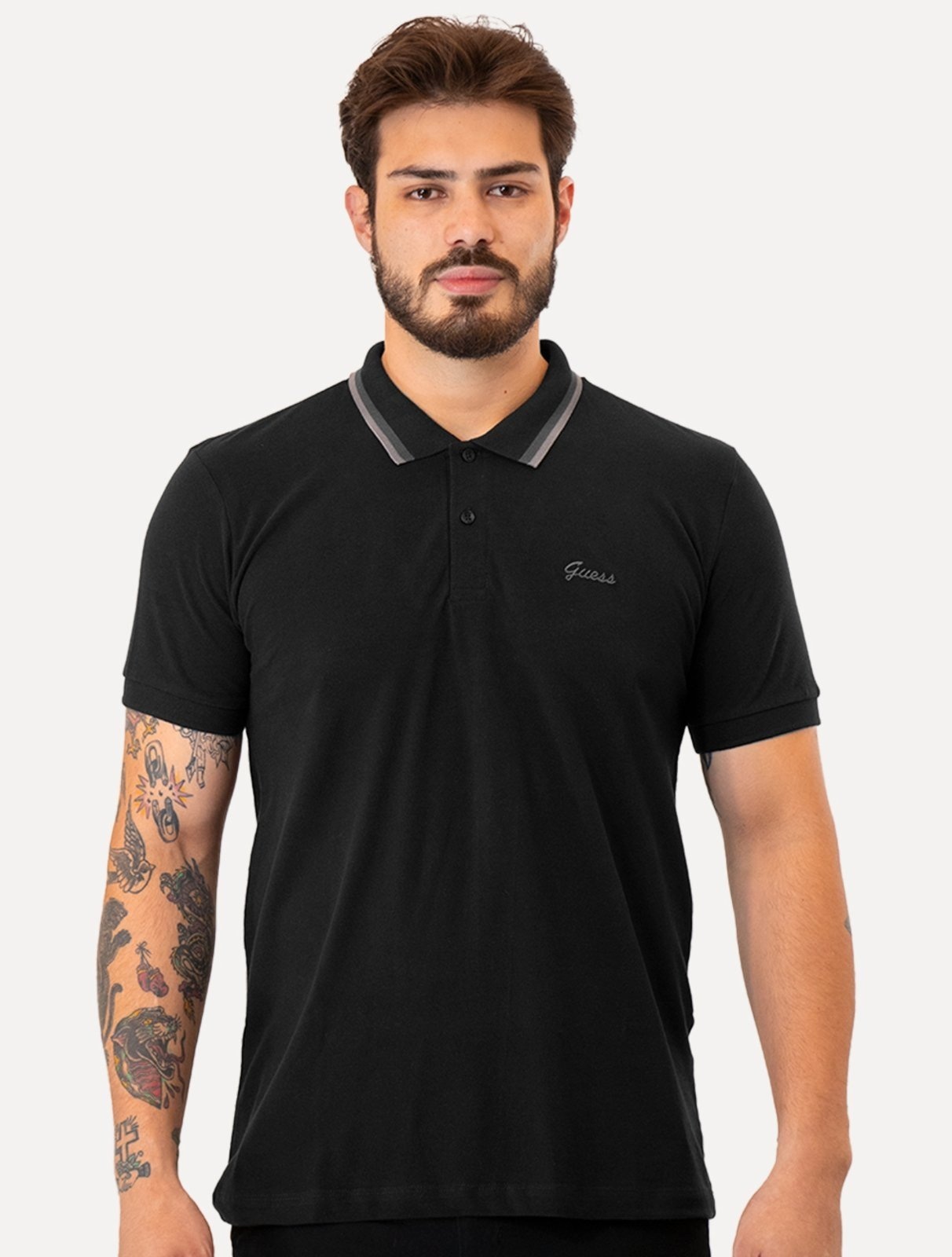 Imagem principal Polo Guess Masculina Piquet Friso Bordado Cursivo Preta Guess preto