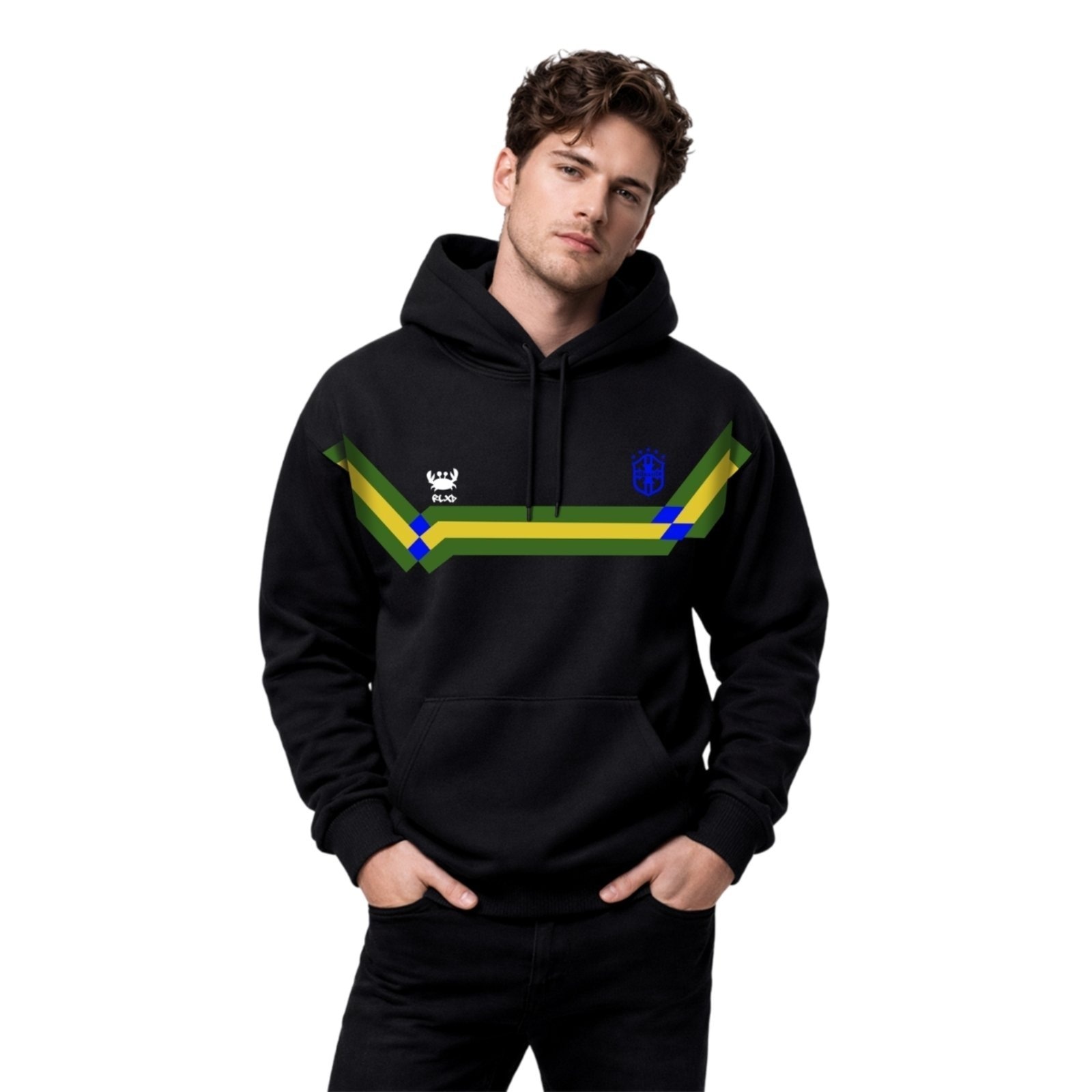 Imagem principal Moletom Modelo Canguru Com Capuz Masculino Estampado Faixa Brasil Relaxado preto