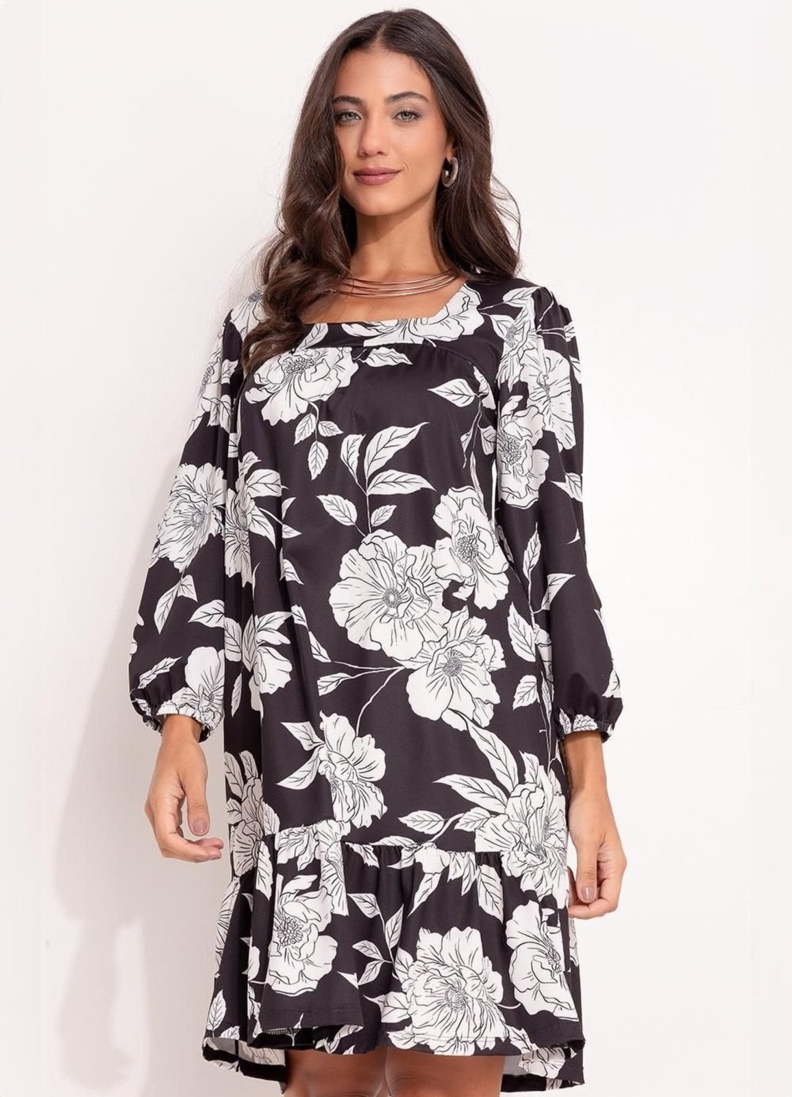 Imagem principal Vestido Feminino Floral E Branco Em Malha Fria Quintess preto