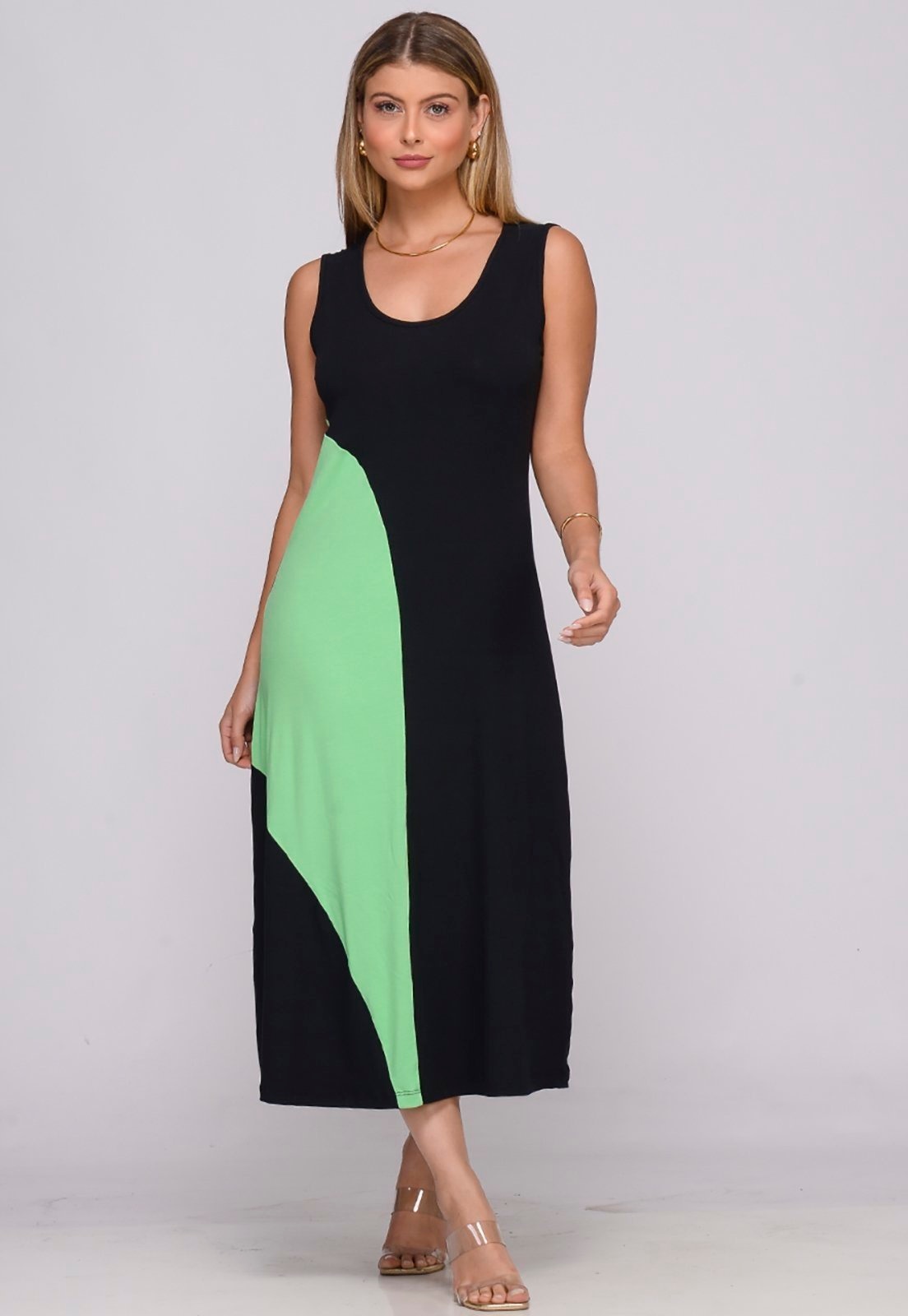 Imagem principal Vestido Midi Alça Larga Regata com Recorte B’Bonnie Lady Preto/Verde BBonnie preto verde