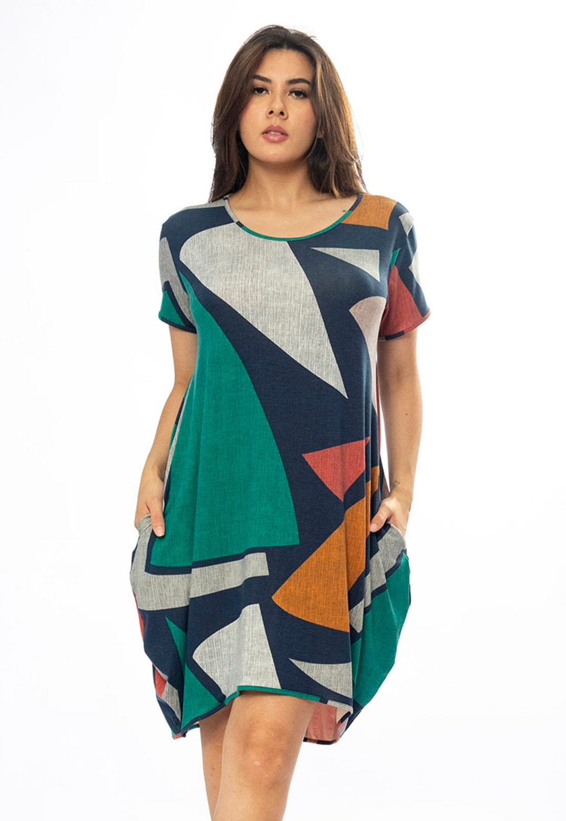 Imagem principal Vestido Curto Amazônia Vital Malha Amplo Always Estampa Geometrias do Tempo Amazonia Vital azul marinho/estampado/laranja/verde