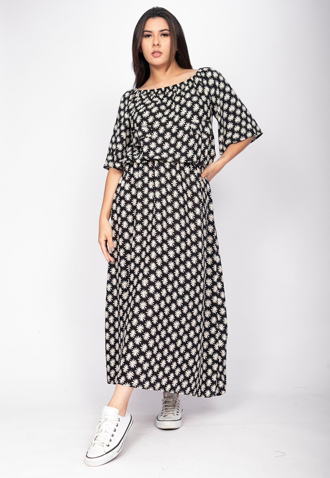 Imagem principal Vestido Midi Cabanafree Ciganinha Viscose com Lapela Estampa Encanto das Margaridas Cabanafree branco/estampado