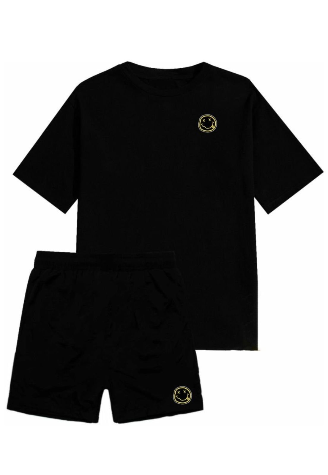 Imagem principal Kit Conjunto Camiseta Algodão Short Tactel Relaxado Adulto Masculino Casual Emoji Relaxado preto