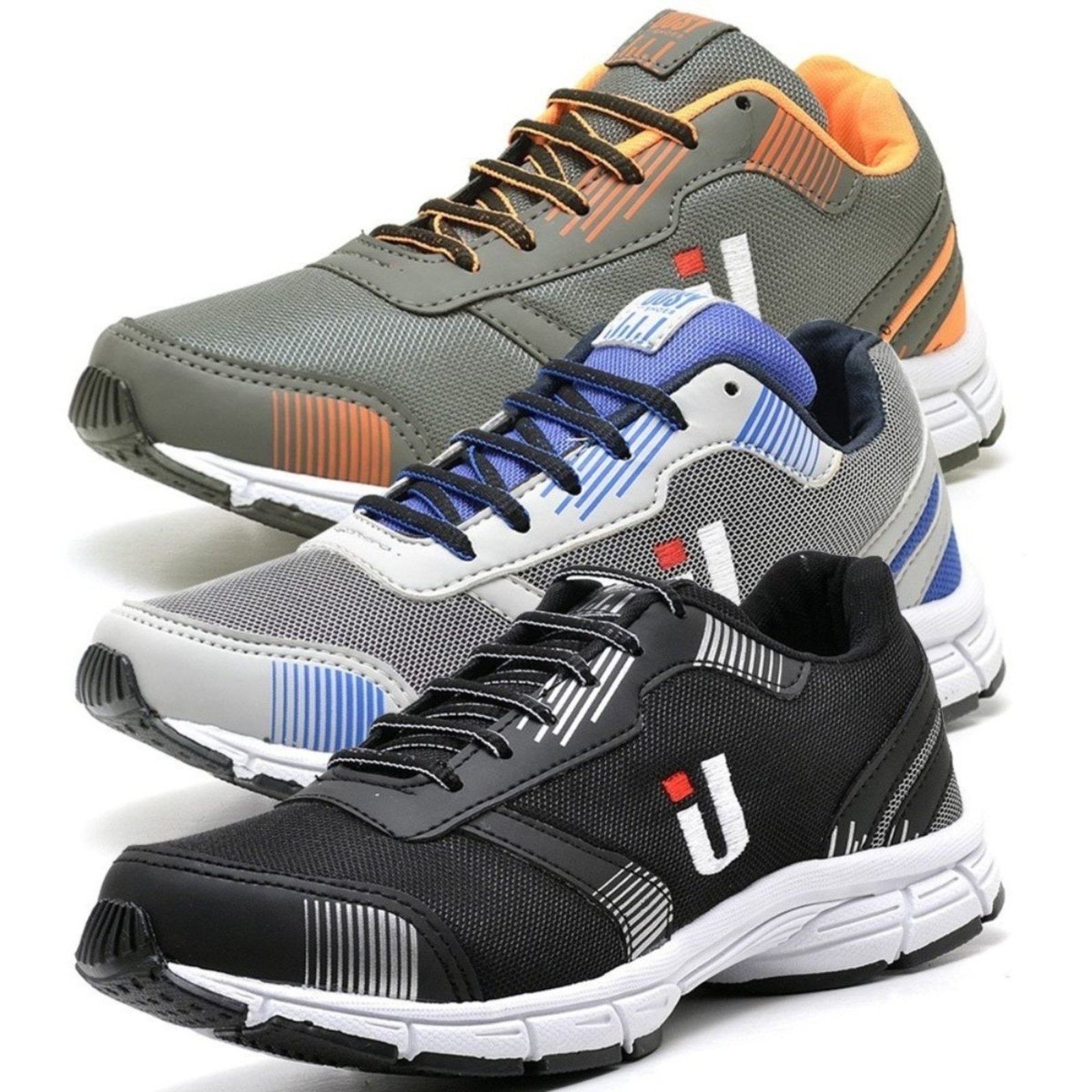 Imagem principal Kit 3 Pares Tênis Masculino Casual Esportivo Caminhada Academia Corrida Leve Super Macio e Oferta OUSY SHOES cinza/laranja/preto