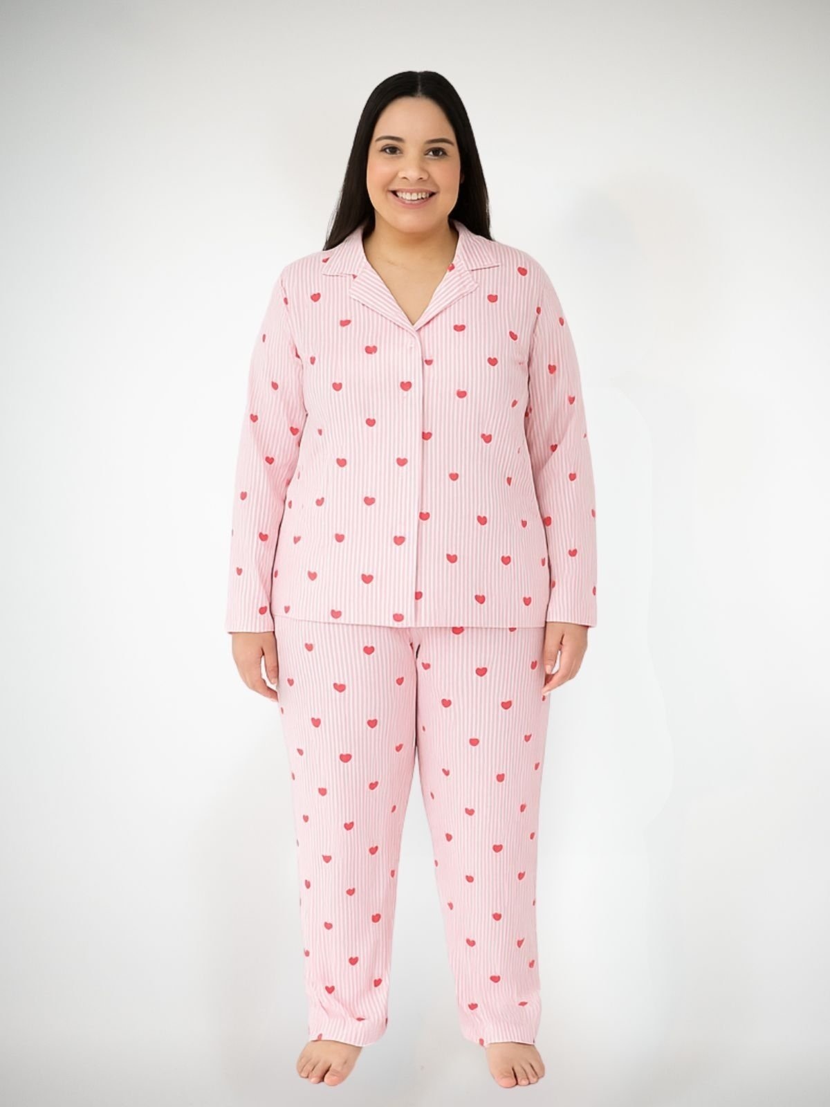 Imagem principal Pijama Algodão Plus Size Americano Longo Amanda - Listrado Corações Vermelho Piante rosa