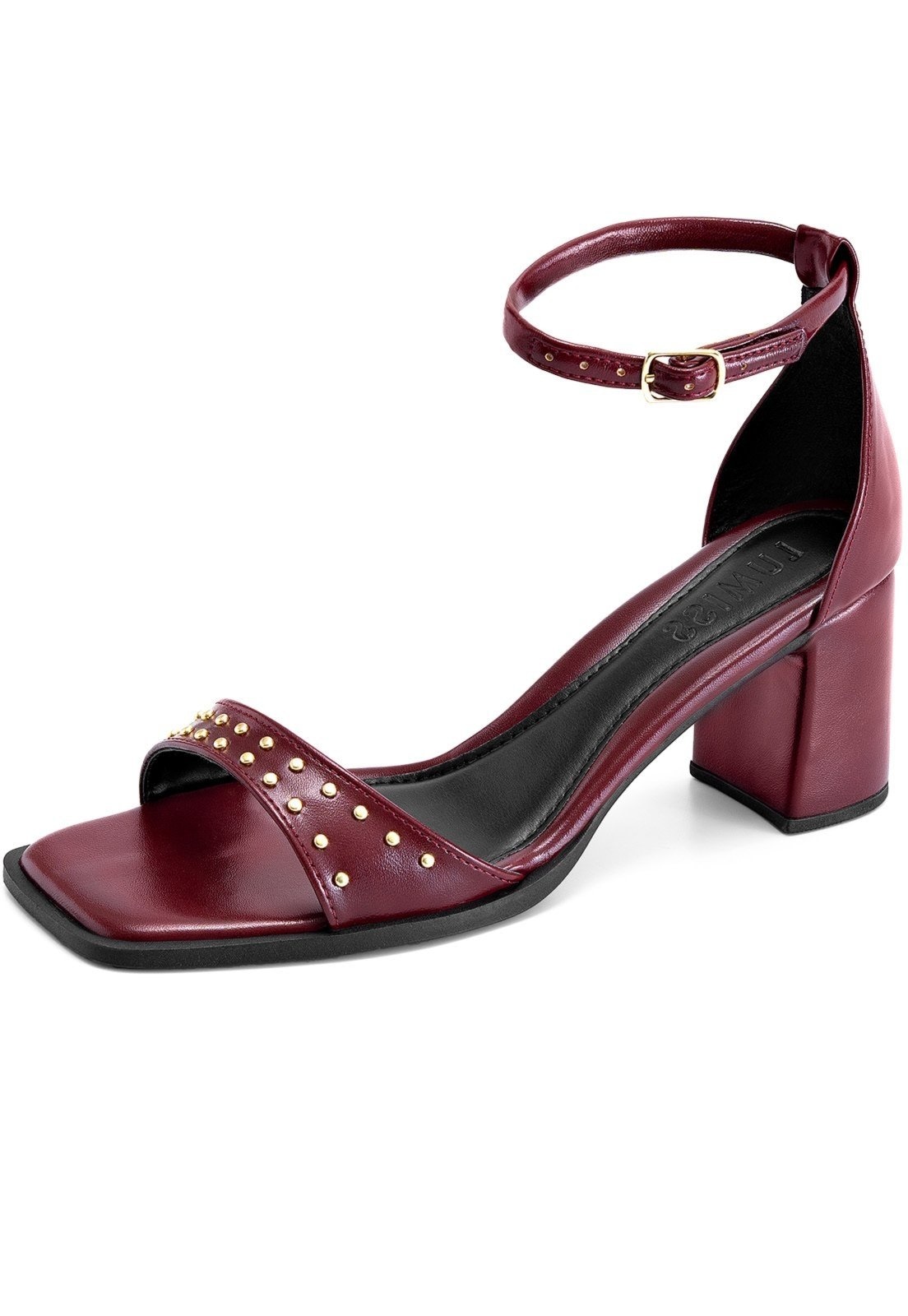Imagem principal Sandália Feminina Lumiss Salto Baixo Bloco Tachas Dourada Bico Quadrado Marsala LUMISS vinho