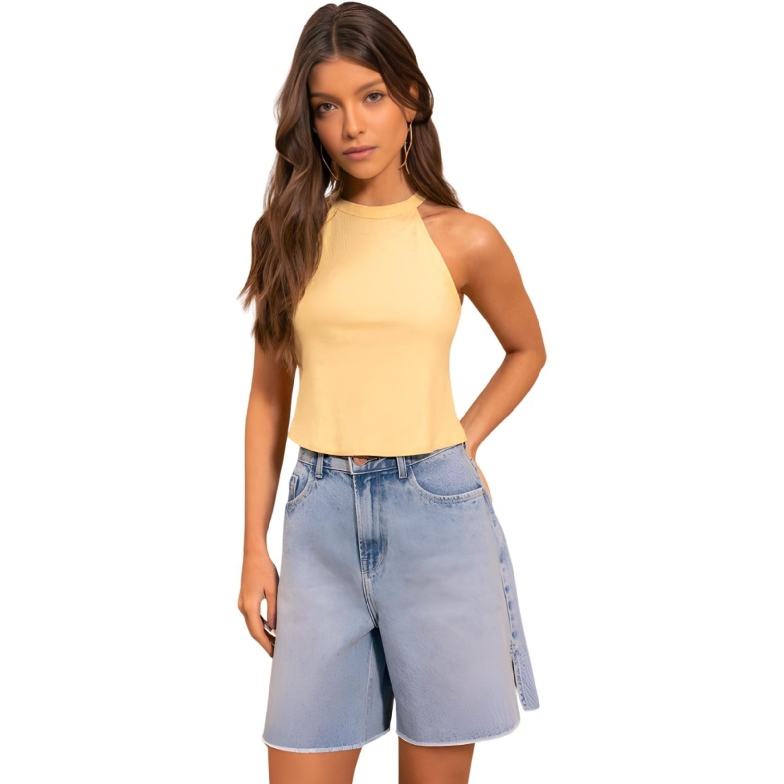 Imagem principal Bermuda Feminina Cintura Alta Aberturas Laterais Claro Lez a Lez jeans