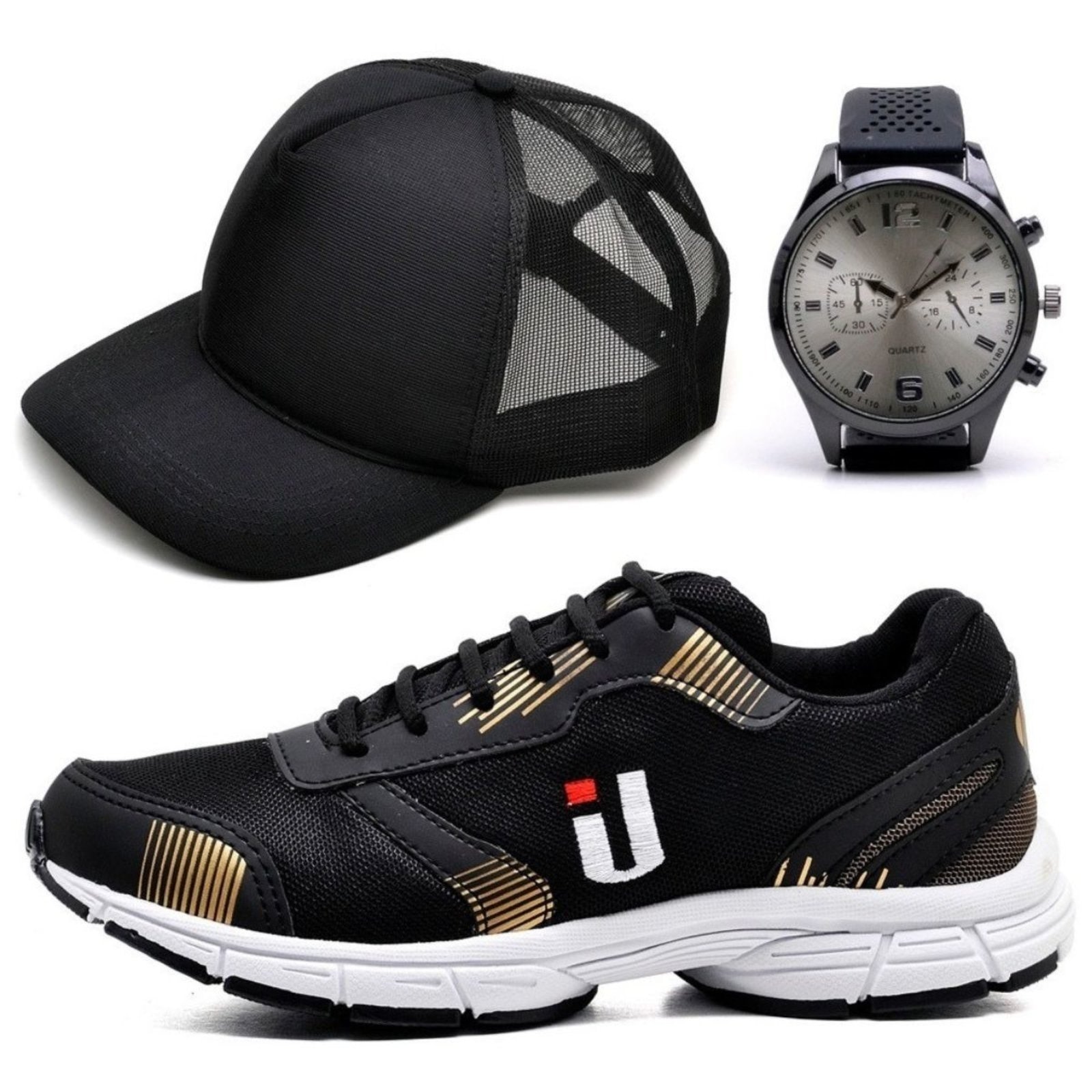 Imagem principal Combo Promocional Tênis Esportivo Masculino Para Caminhada e Academia Super Confortável e Macio e Mais Boné e Relógio OUSY SHOES dourado/preto