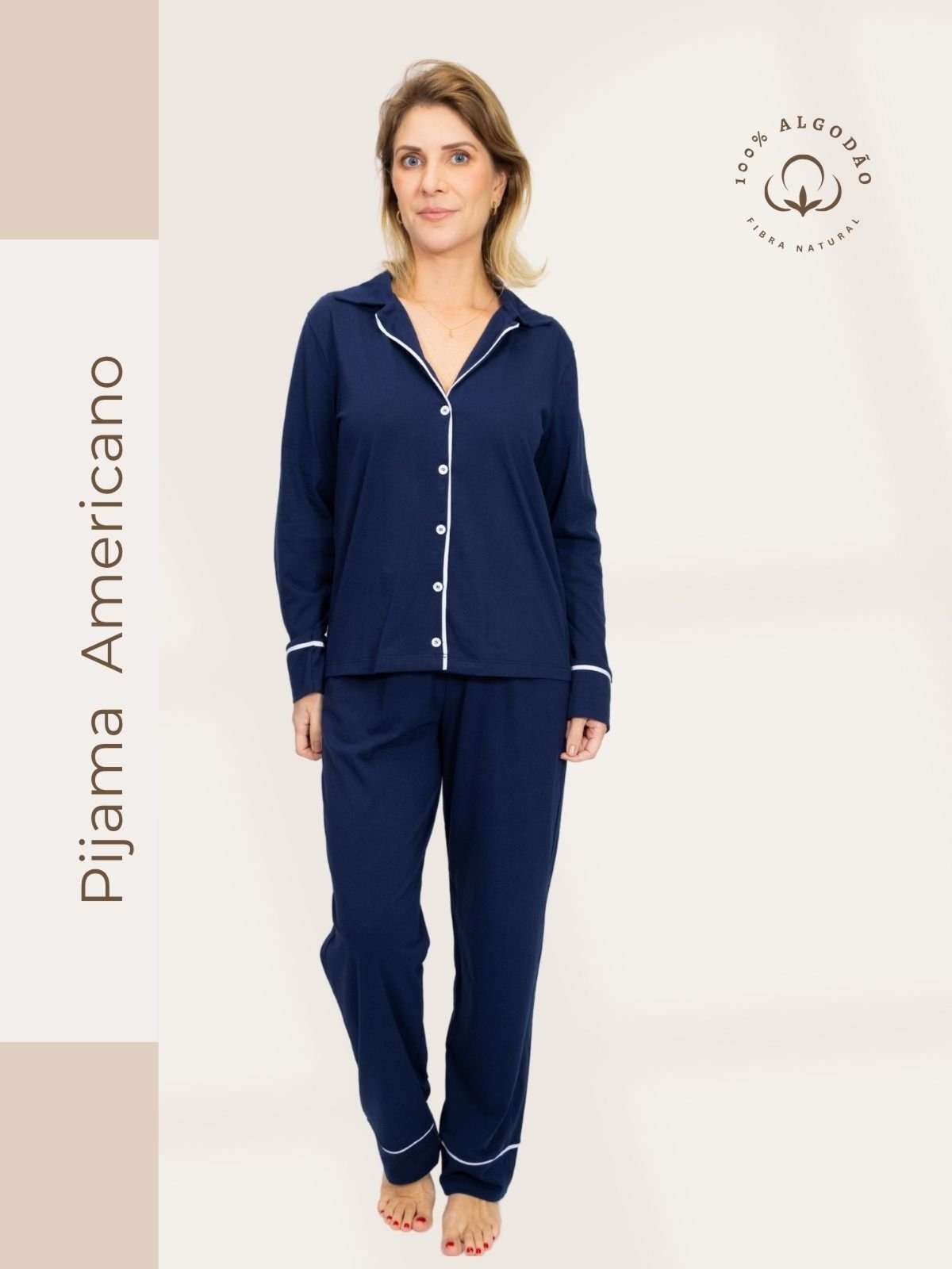 Imagem principal Pijama Algodão Feminino Americano Longo Fernanda Piante azul marinho
