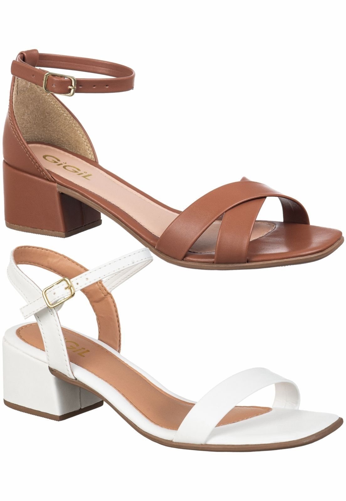 Imagem principal Kit 2 Pares Sandália Casual GiGiL Salto Bloco Fente X e Clássica Banco Gigil branco/caramelo/marrom