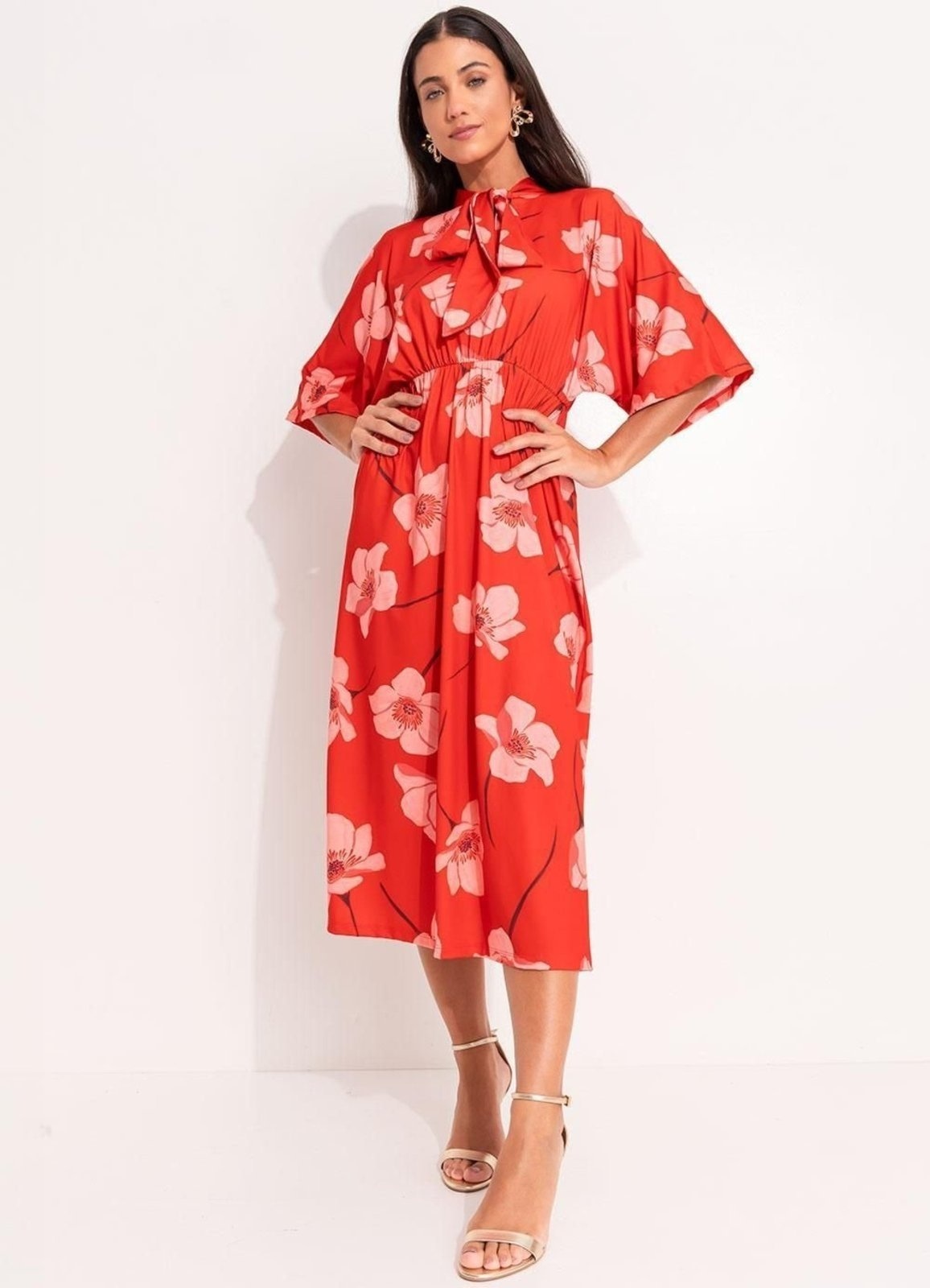 Imagem principal Vestido Midi Malha Fria Flores Colorido Quintess vermelho