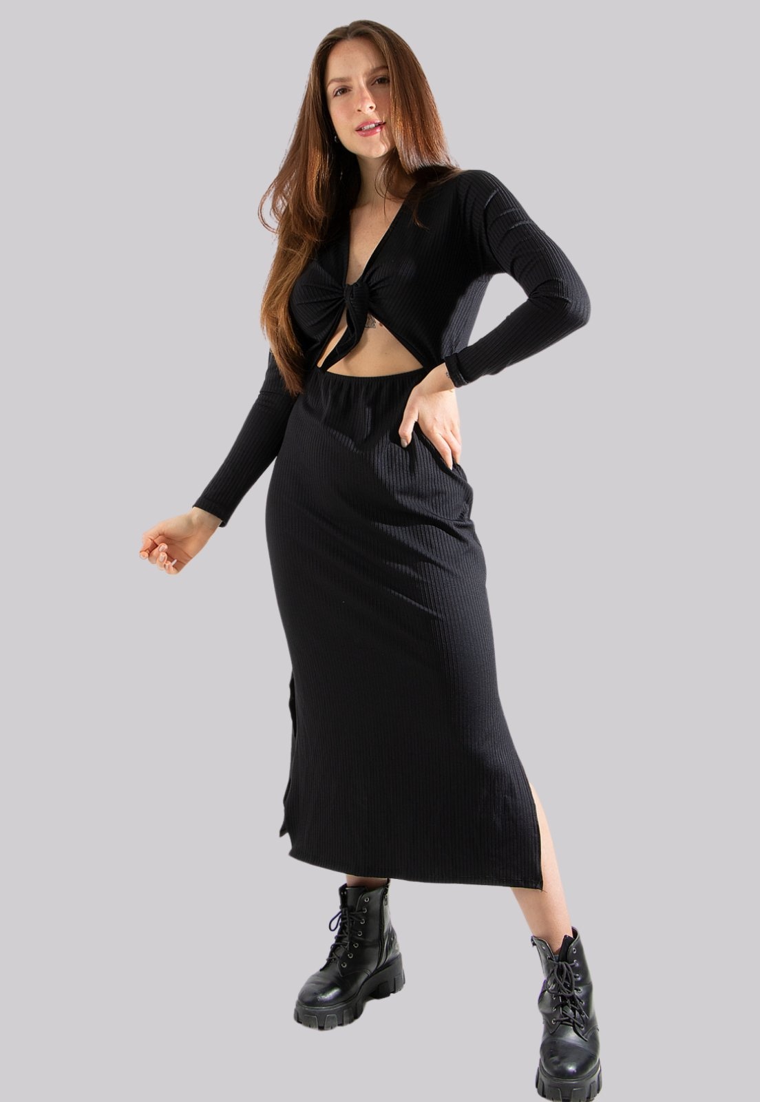 Imagem principal Vestido Midi Laço Frontal Diluxo Manga Longa Canelado Rioutlet preto