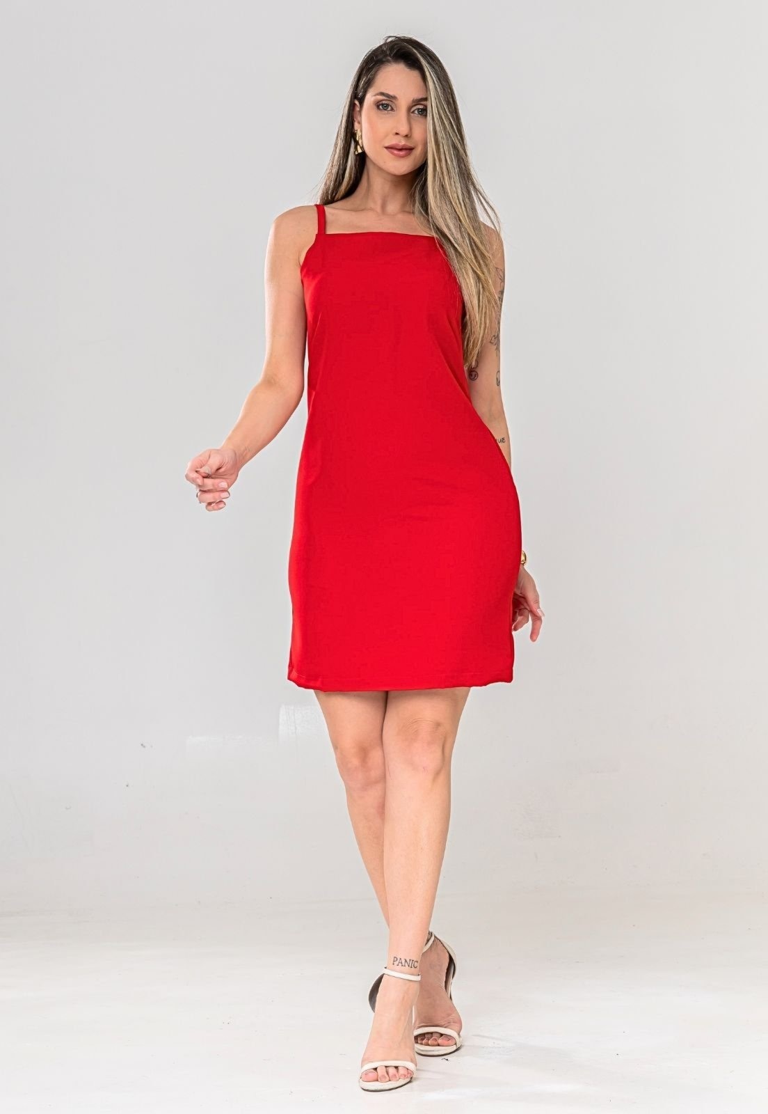 Imagem principal Vestido Curto Liso Casual Chique Alça Reguladora Moda Verão Cor Docce Mulher vermelho