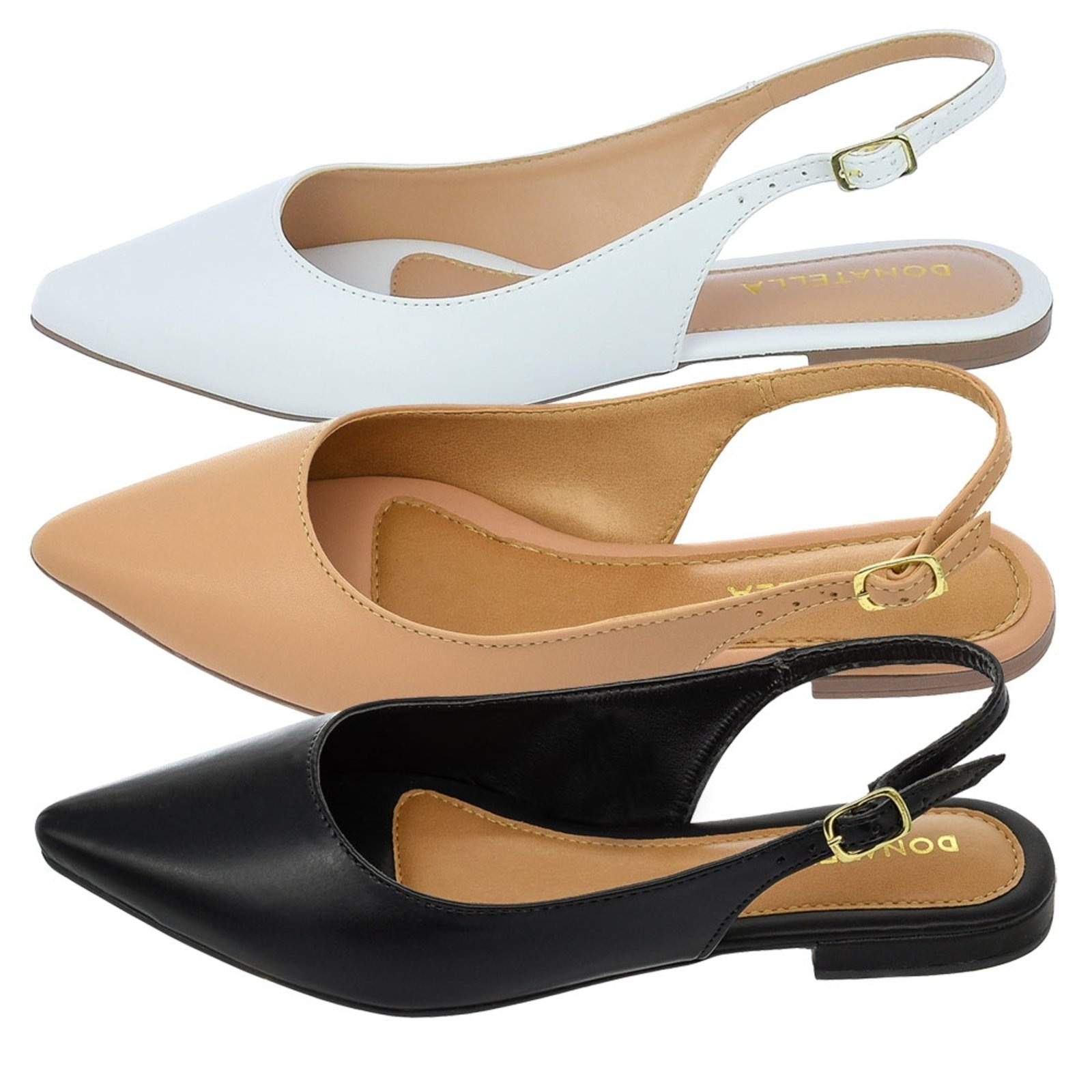 Imagem principal Kit 3 Pares Mule Feminino Sapatilha Bico Fino Donatella Shoes Rasteira Slingback Nó Lisa Clássica Preto e Donatella Shoes branco/nude/preto nude