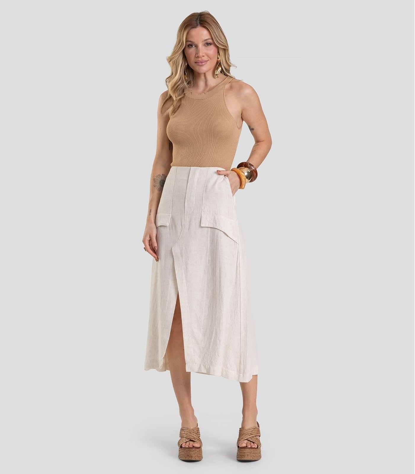 Imagem principal Saia Midi Feminina em Linho Dianna Dianna bege