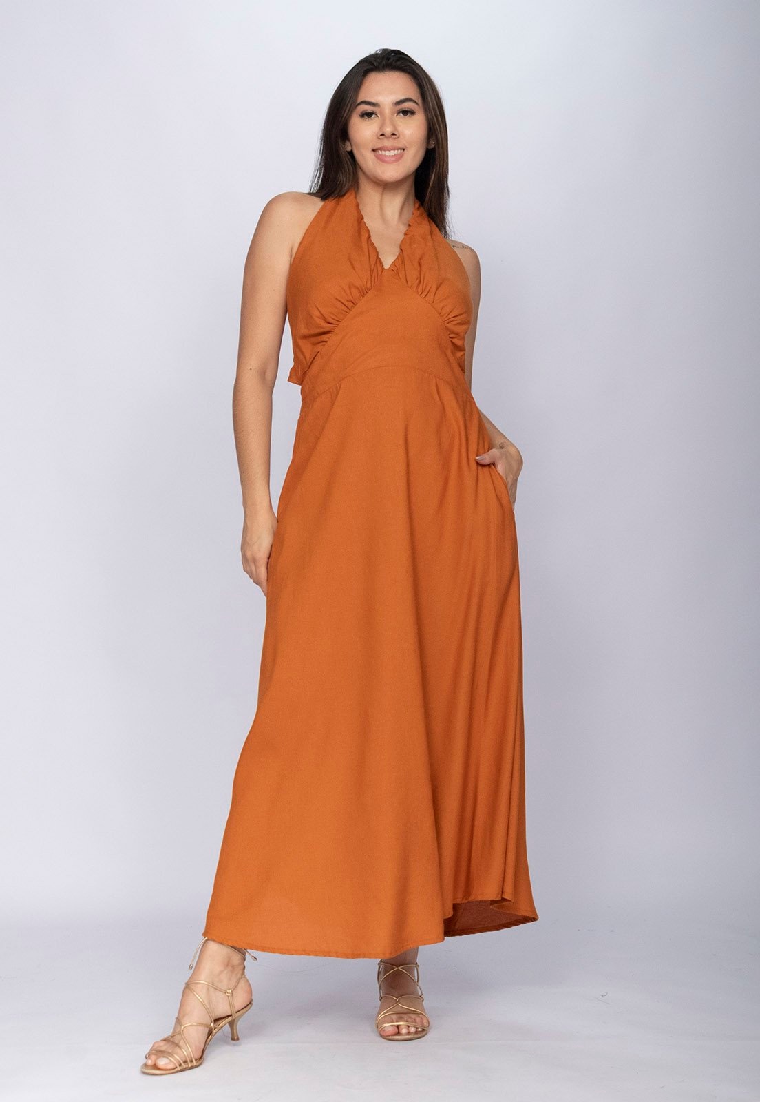 Imagem principal Vestido Amazonia Vital Longo Andirá Viscose Amarração nas Costas Argila Amazonia Vital laranja