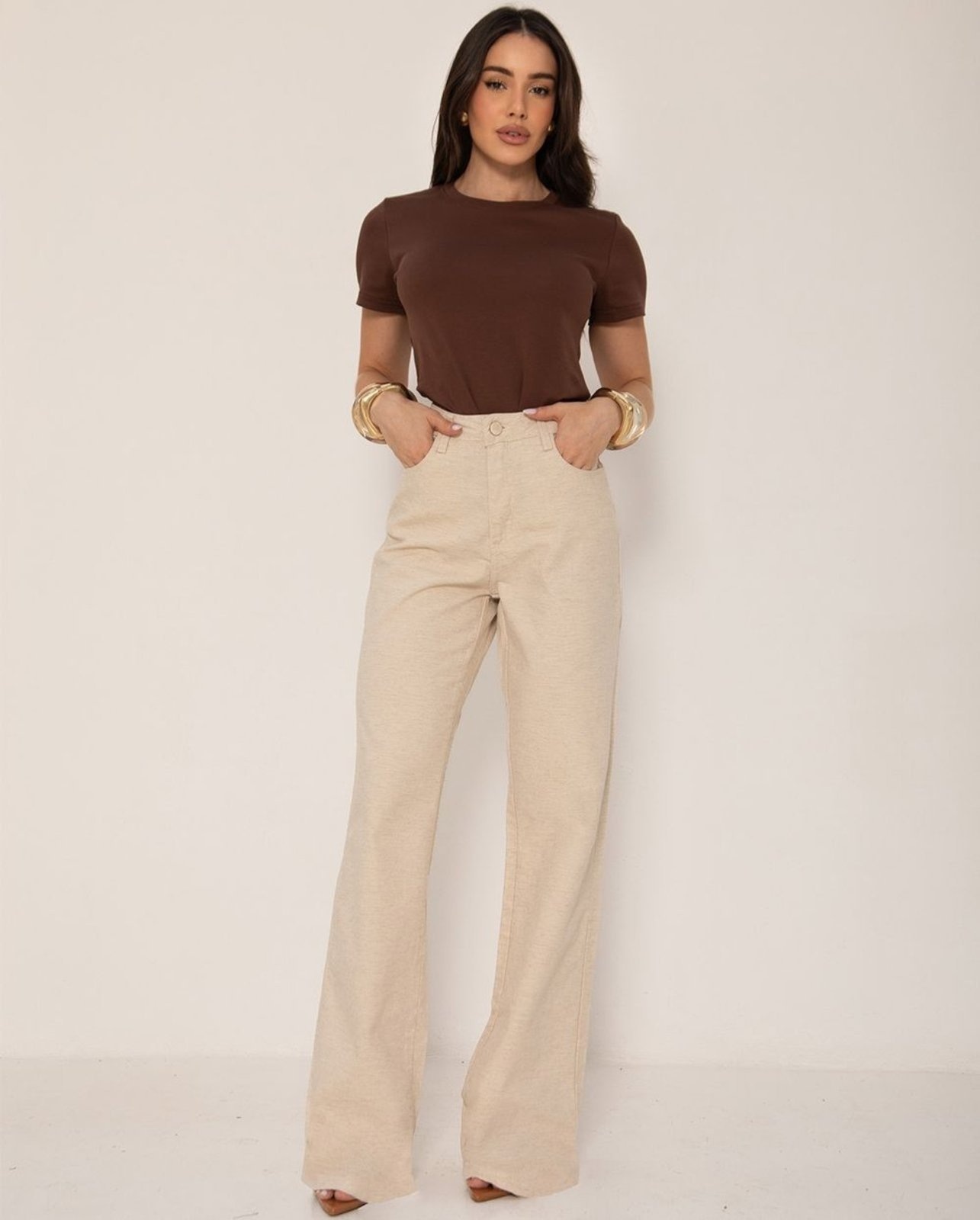 Imagem principal Calça Jeans Wide Leg Feminina Cintura Alta Básica com Elastano 28000 Linho Consciência bege