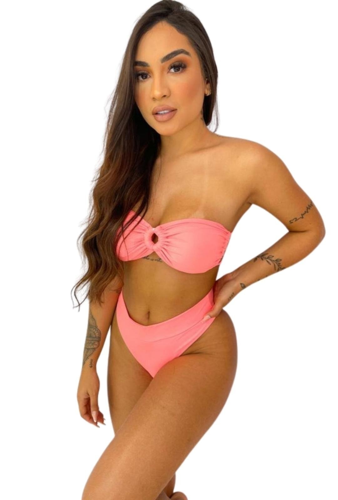 Imagem principal Biquíni Argola Cortininha Asa Delta Cintura Alta Salmão Blogueira Cia do Vestido rosa