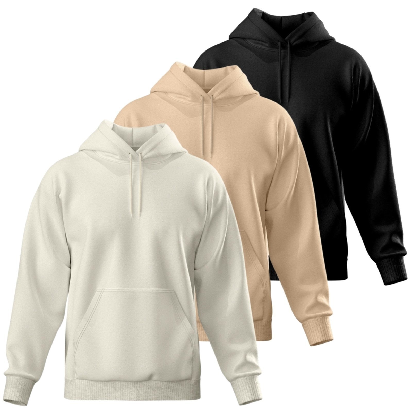 Imagem principal Kit 3 Blusa de Frio Moletom Liso Relaxado Casaco Canguru Fechado Com Capuz Inverno Relaxado bege/café/preto