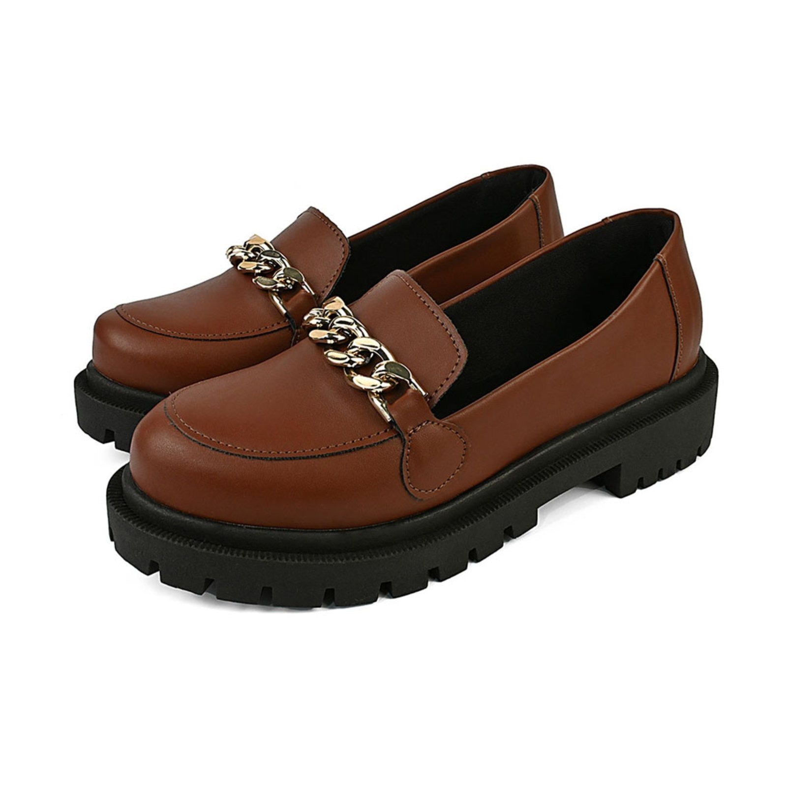 Imagem principal Sapato Feminino Mocassim Tratorado CM Calçados Bico Redondo Confort Terra com corrente Monte Shoes marrom