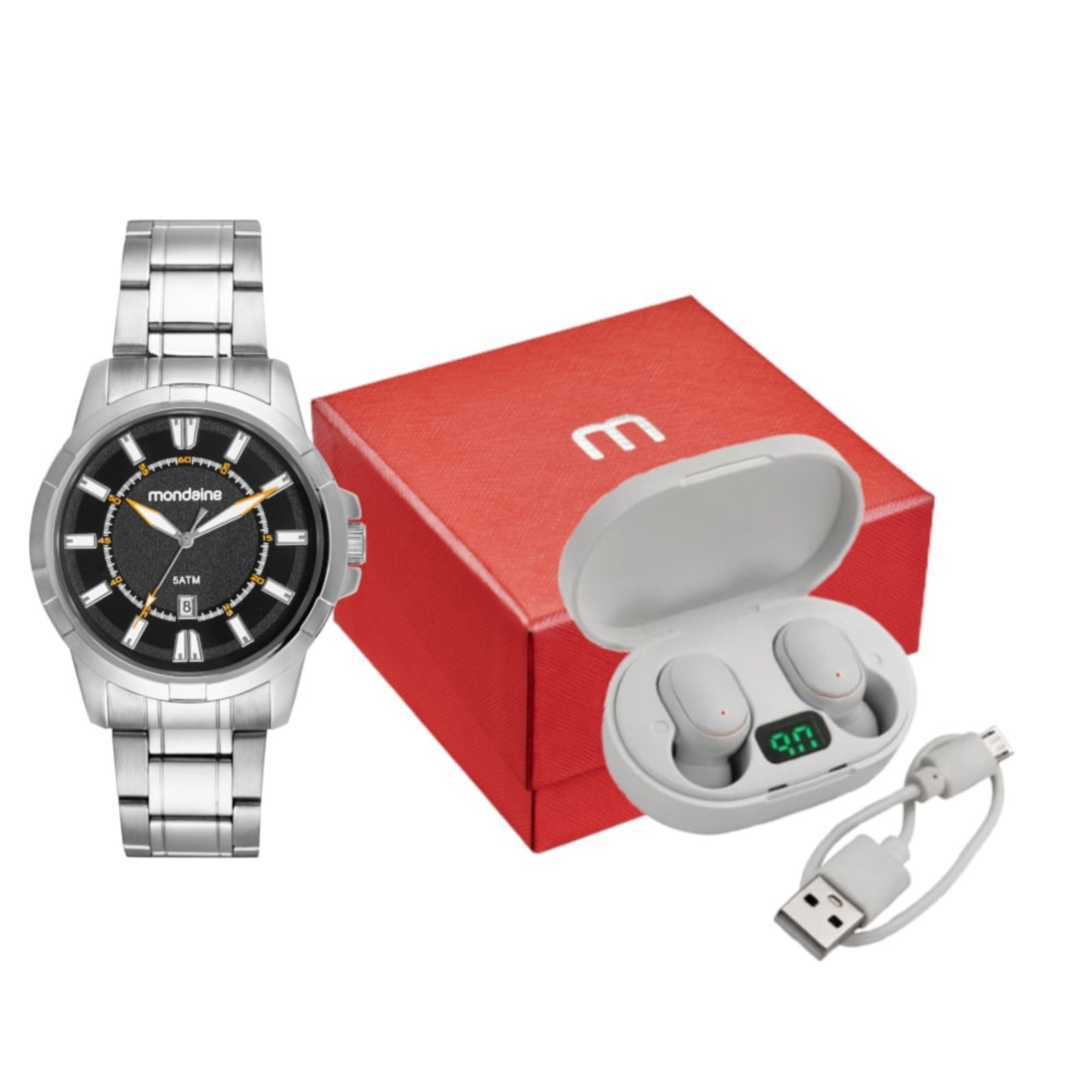 Imagem principal Kit Relógio Masculino Clássico Com Fone Bluetooth Mondaine prata