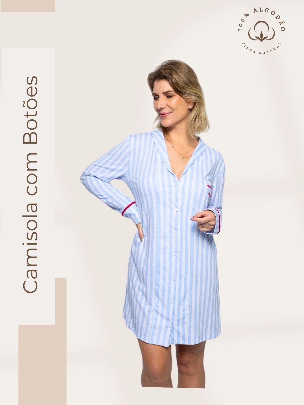 Imagem principal Camisola Algodão Feminina Americana Manga Longa com Botões Inverno Adulto indicado Gestante Amamentação e ós cirúgico - Listrado Piante azul