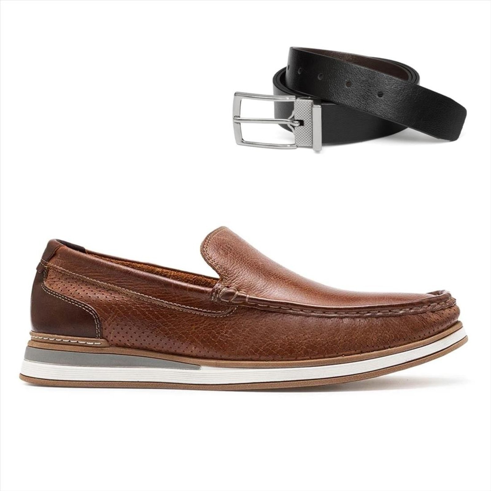 Imagem principal Mocassim De Couro Democrata Denim Flow 252101 + Cinto Dupla Face DEMOCRATA marrom denim