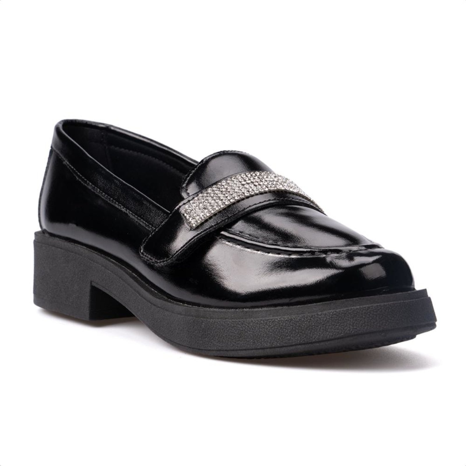 Imagem principal Mocassim Feminino Brilhante Salto Grosso Tira De Strass Luxo Domidona preto