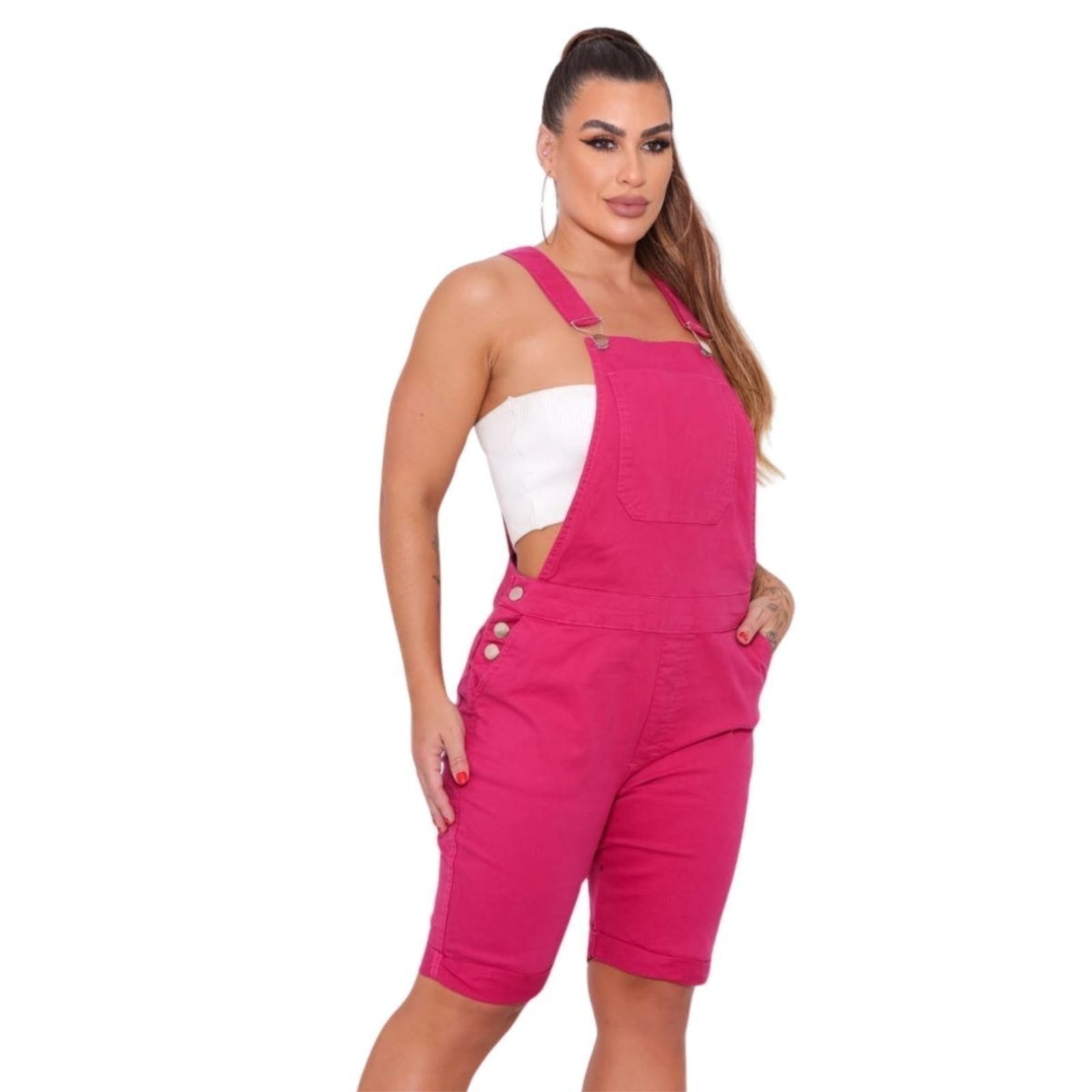 Imagem principal Macacão Jardineira Macaquinho Sarja Feminino Pink Alleppo Jeans rosa