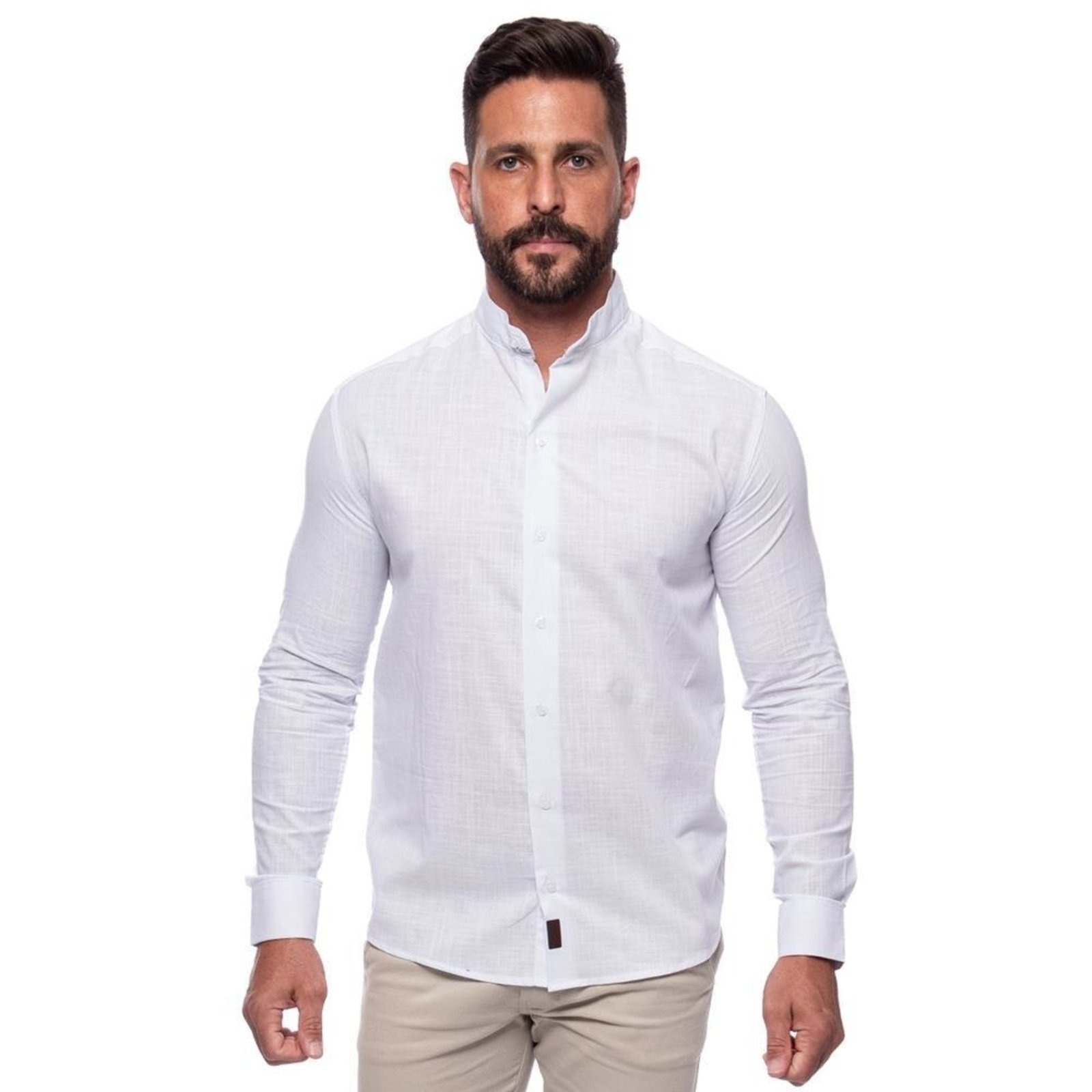 Imagem principal Camisa Masculina Linho Manga Longa Gola Padre Lisa Casual Azul Claro Branco TEODORO CAMISARIA branco azul