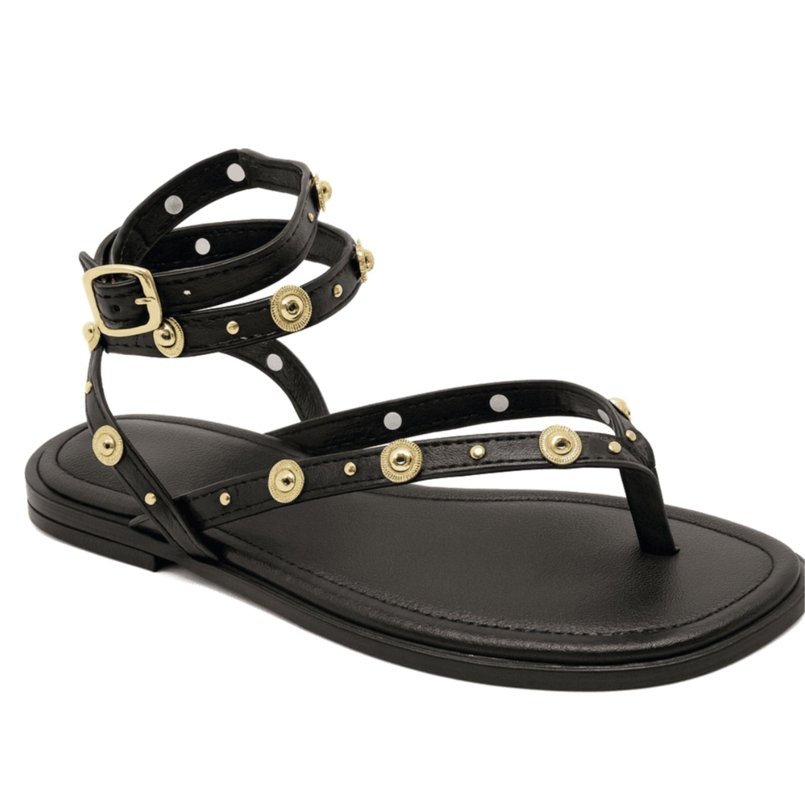 Imagem principal Rasteira Feminina Tiras Aplique Tachas Douradas Confortável Verão Flor da Pele 304 Flor da Pele preto