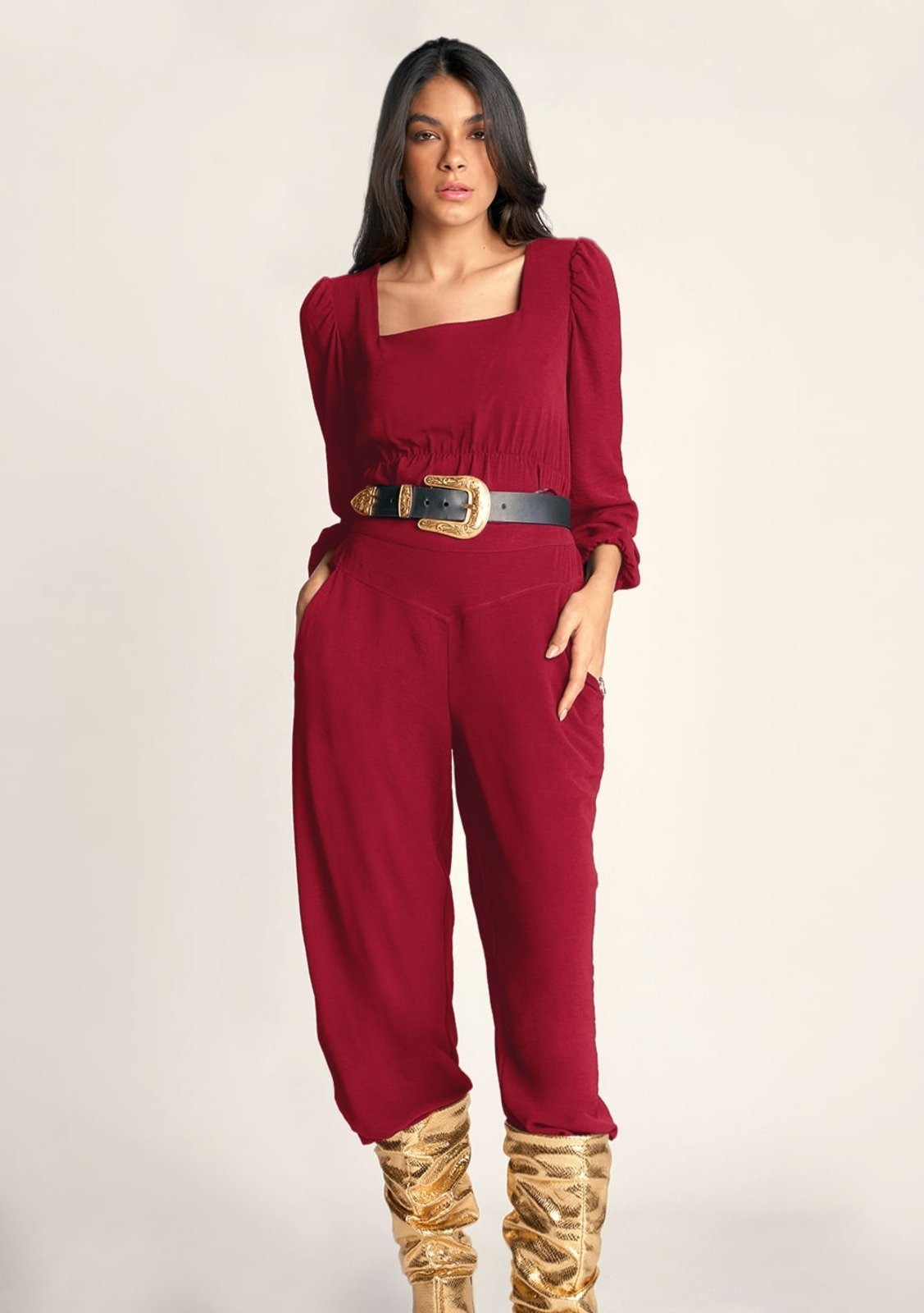 Imagem principal Calca Zinco Pantalona Cós Alto Bolso-Faca Zinco bordô