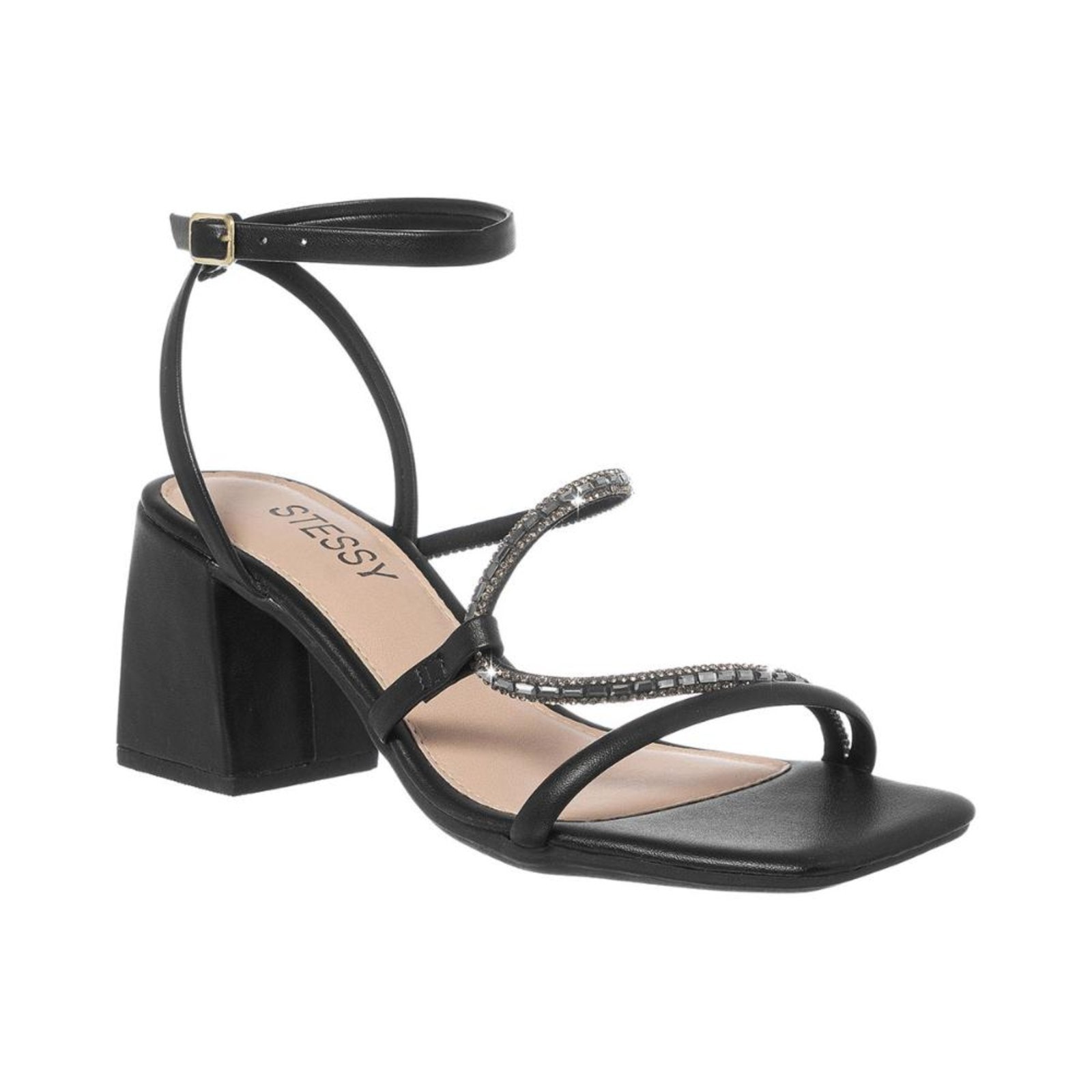 Imagem principal Sandália Feminina Festa Original Strass Elegante Salto Baixo - Cobre Stessy Shoes preto