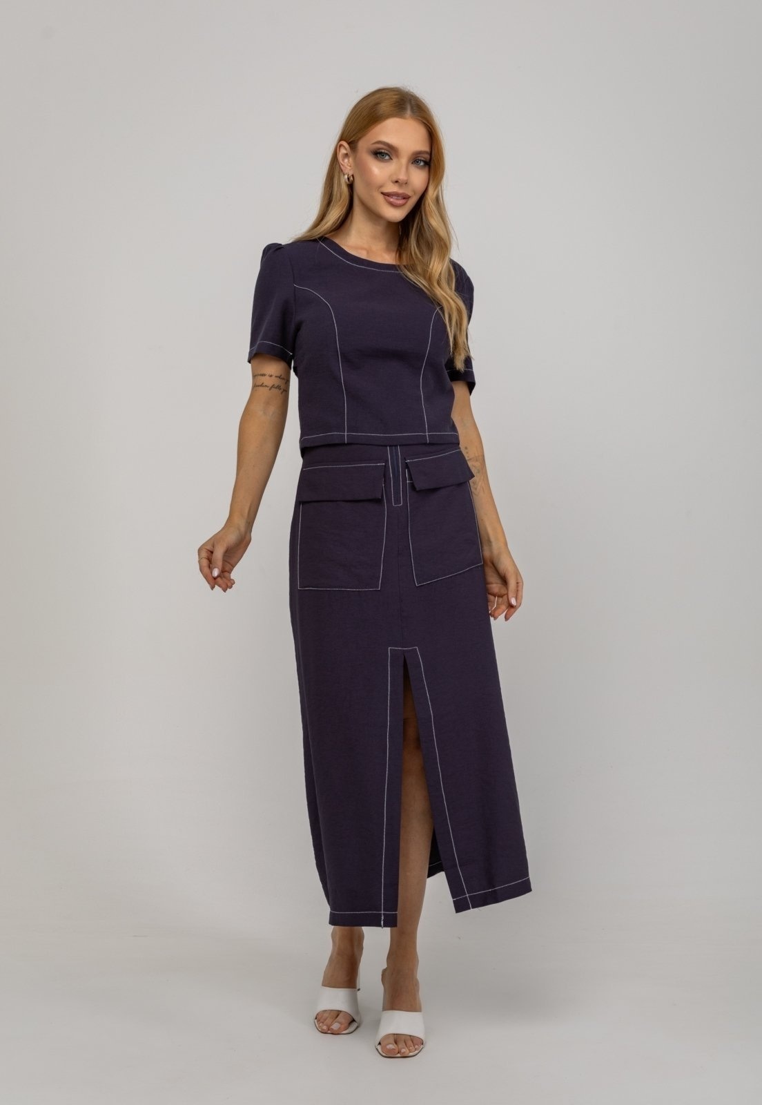 Imagem principal Saia De Alfaiataria Midi Com Bolsos Frontais e Fenda Salvatore Salvatore Fashion azul